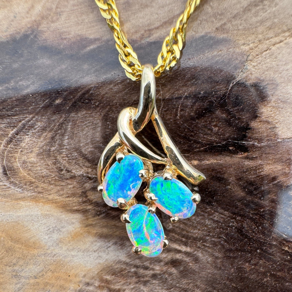 0.6ct Lightning Ridge Opal Pendant Necklace ~ 'Three Sisters Glow' | 14ct Yellow Gold | Solid Australian Opal
