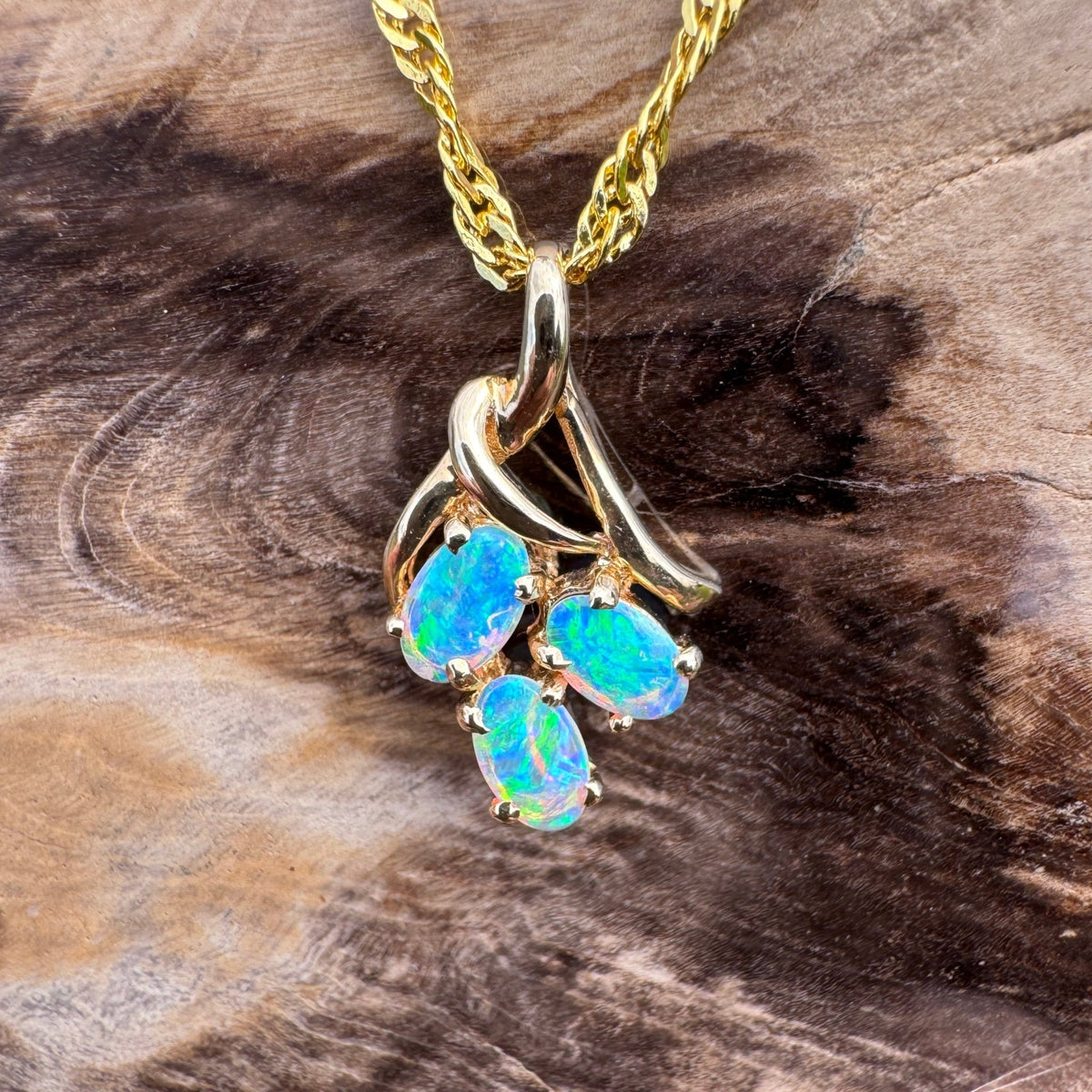 0.6ct Lightning Ridge Opal Pendant Necklace ~ 'Three Sisters Glow' | 14ct Yellow Gold | Solid Australian Opal