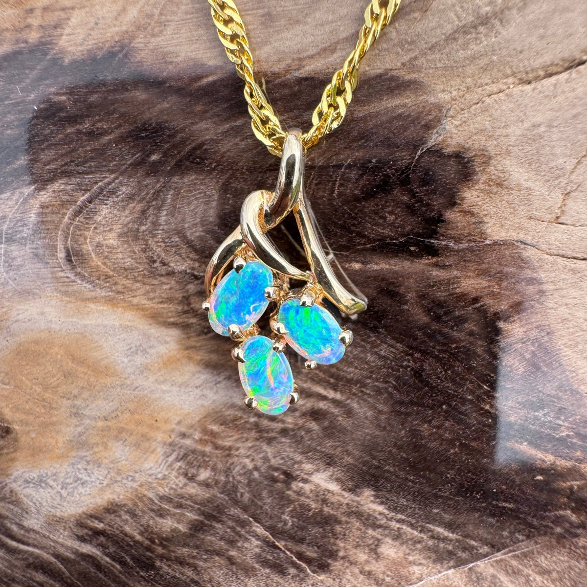 0.6ct Lightning Ridge Opal Pendant Necklace ~ 'Three Sisters Glow' | 14ct Yellow Gold | Solid Australian Opal