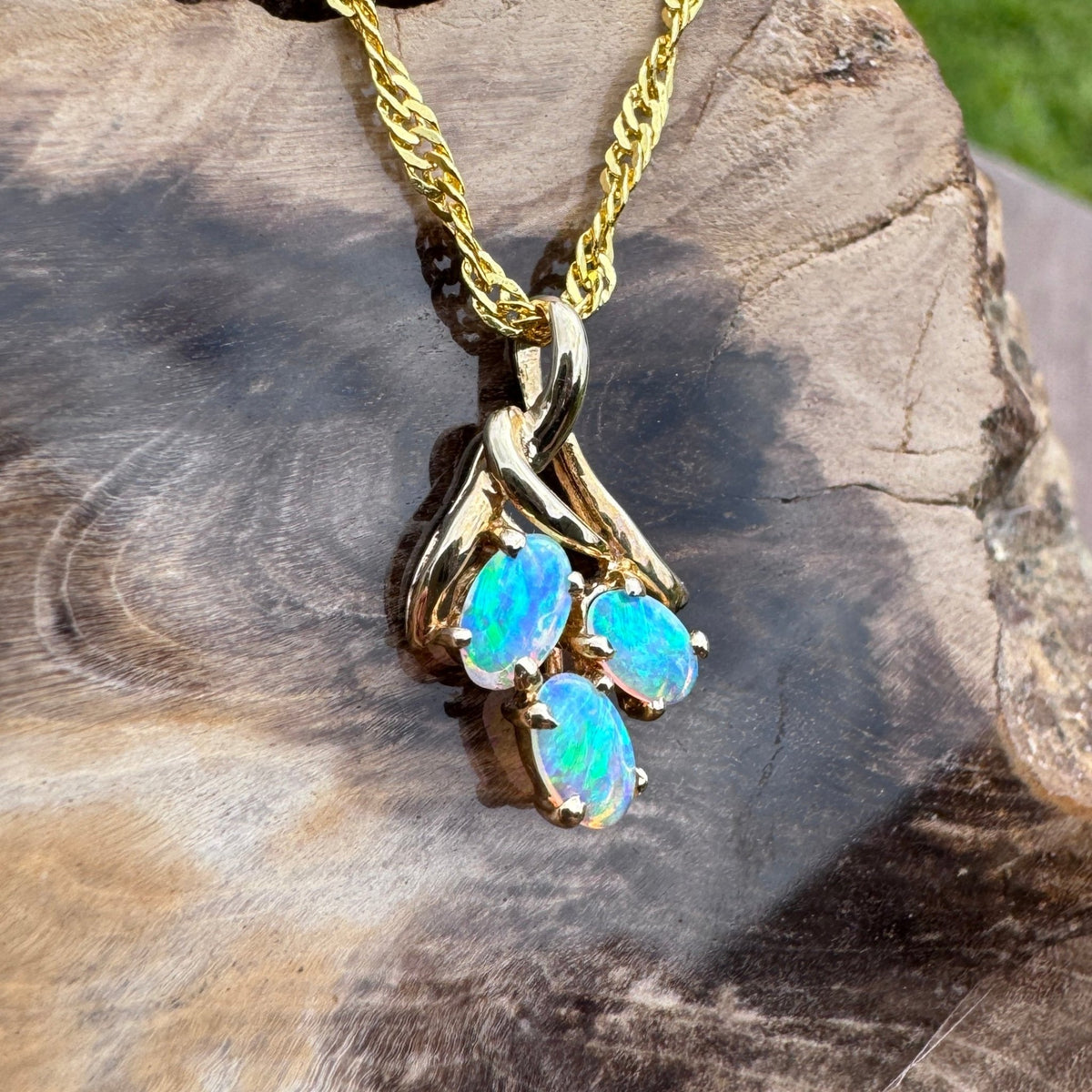 0.6ct Lightning Ridge Opal Pendant Necklace ~ 'Three Sisters Glow' | 14ct Yellow Gold | Solid Australian Opal