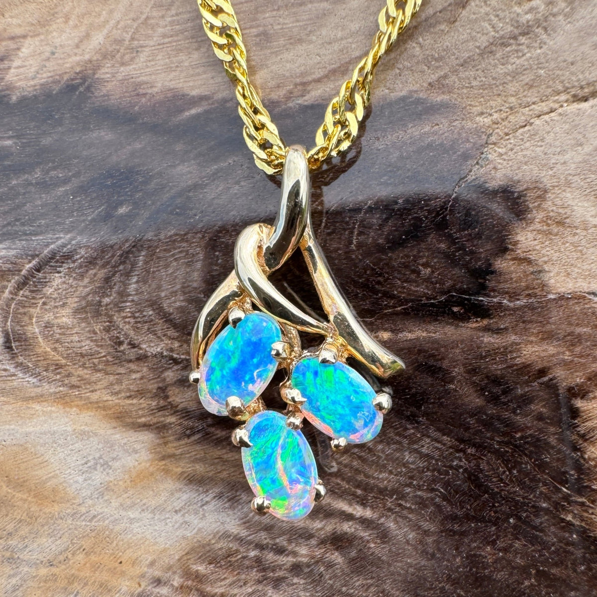 0.6ct Lightning Ridge Opal Pendant Necklace ~ 'Three Sisters Glow' | 14ct Yellow Gold | Solid Australian Opal