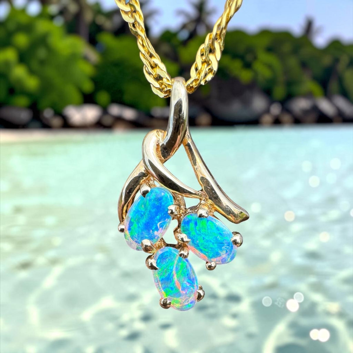 0.6ct Lightning Ridge Opal Pendant Necklace ~ 'Three Sisters Glow' | 14ct Yellow Gold | Solid Australian Opal