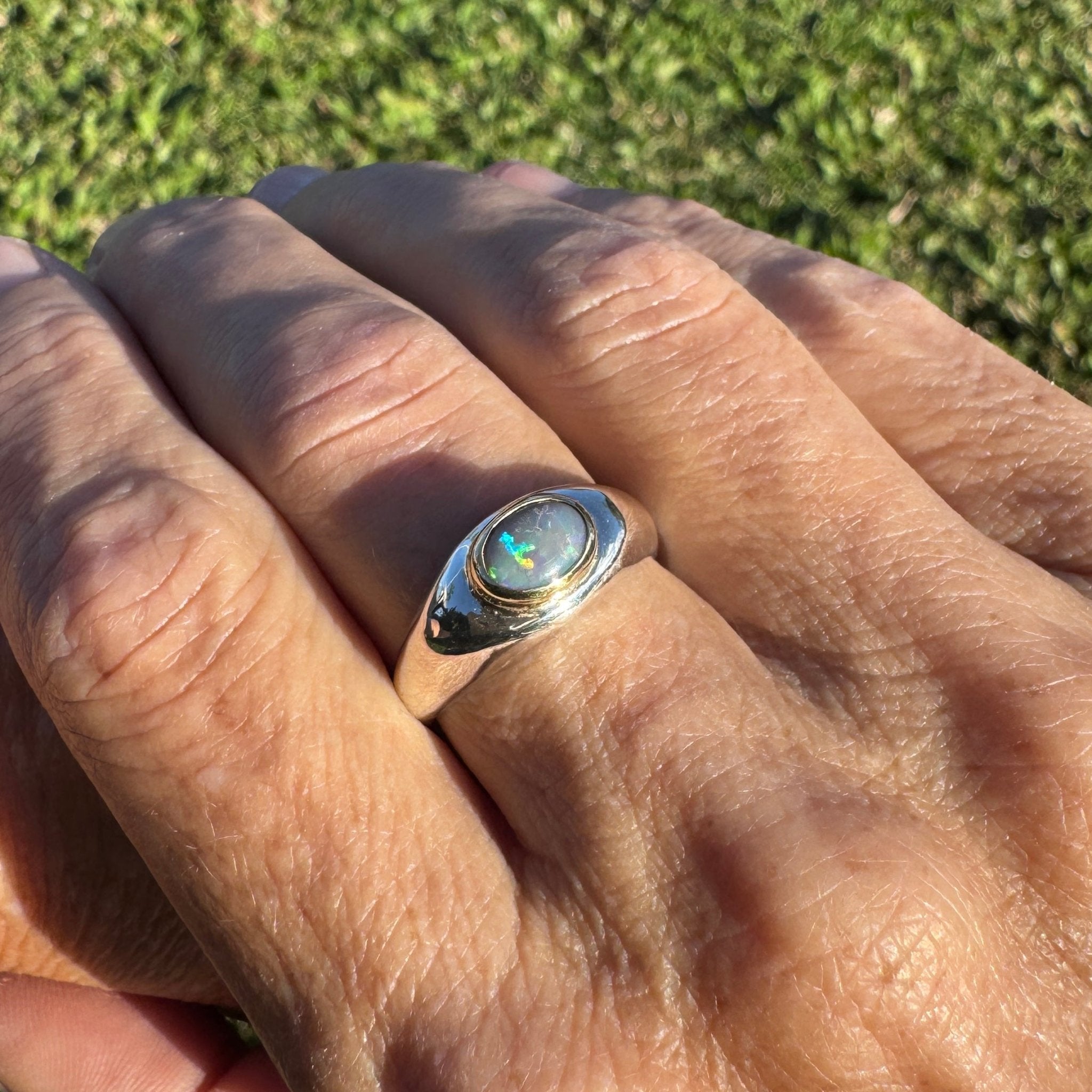 0.6ct Lightning Ridge Semi Black Opal Ring ~ 'Byron Tides' | Two-Tone 9ct Gold & 925 Sterling Silver | Solid Australian Opal