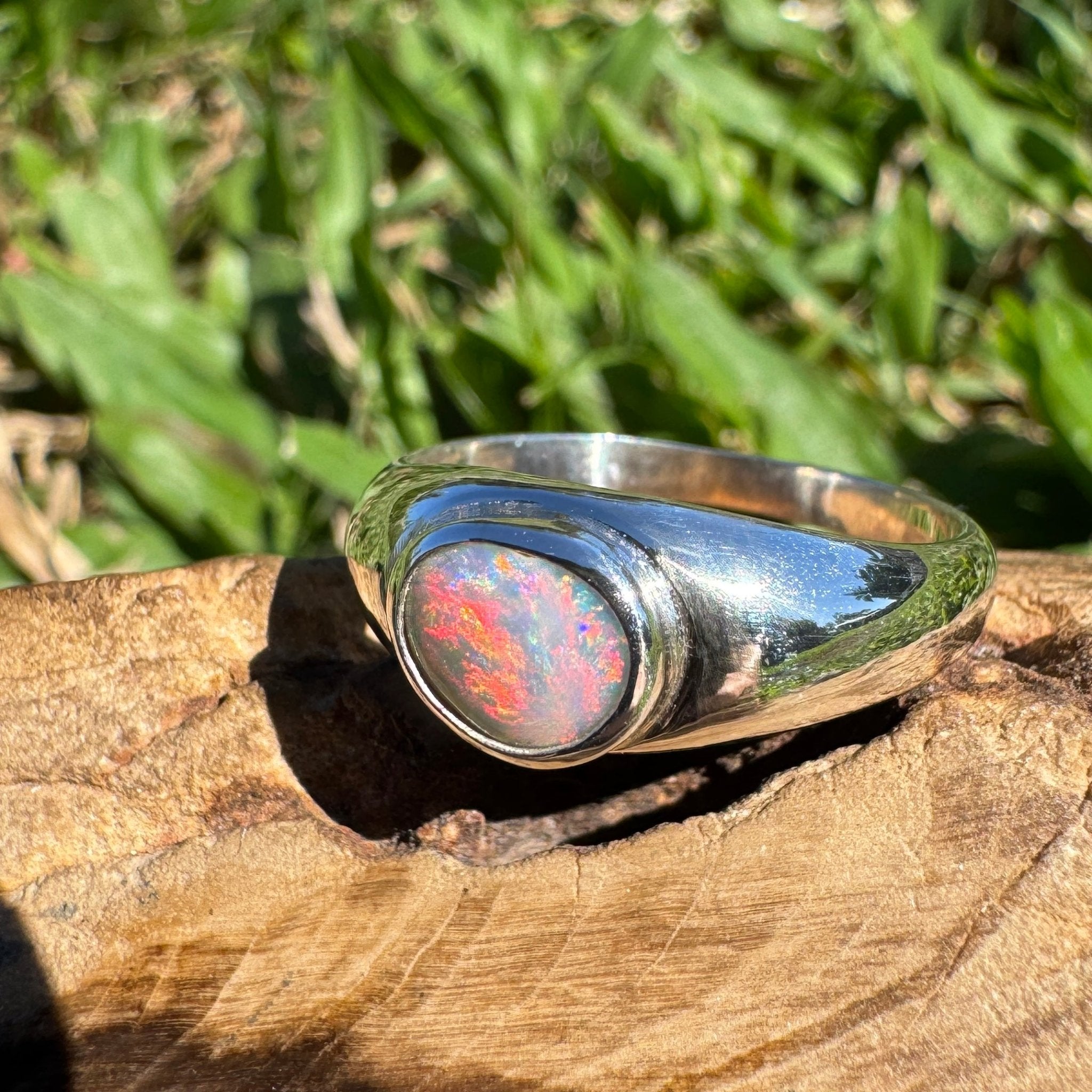 0.7ct Australian Solid Lightning Ridge Opal Silver Ring ~ 'Cossack Crimson' | 925 Sterling Silver | Solid Australian Opal