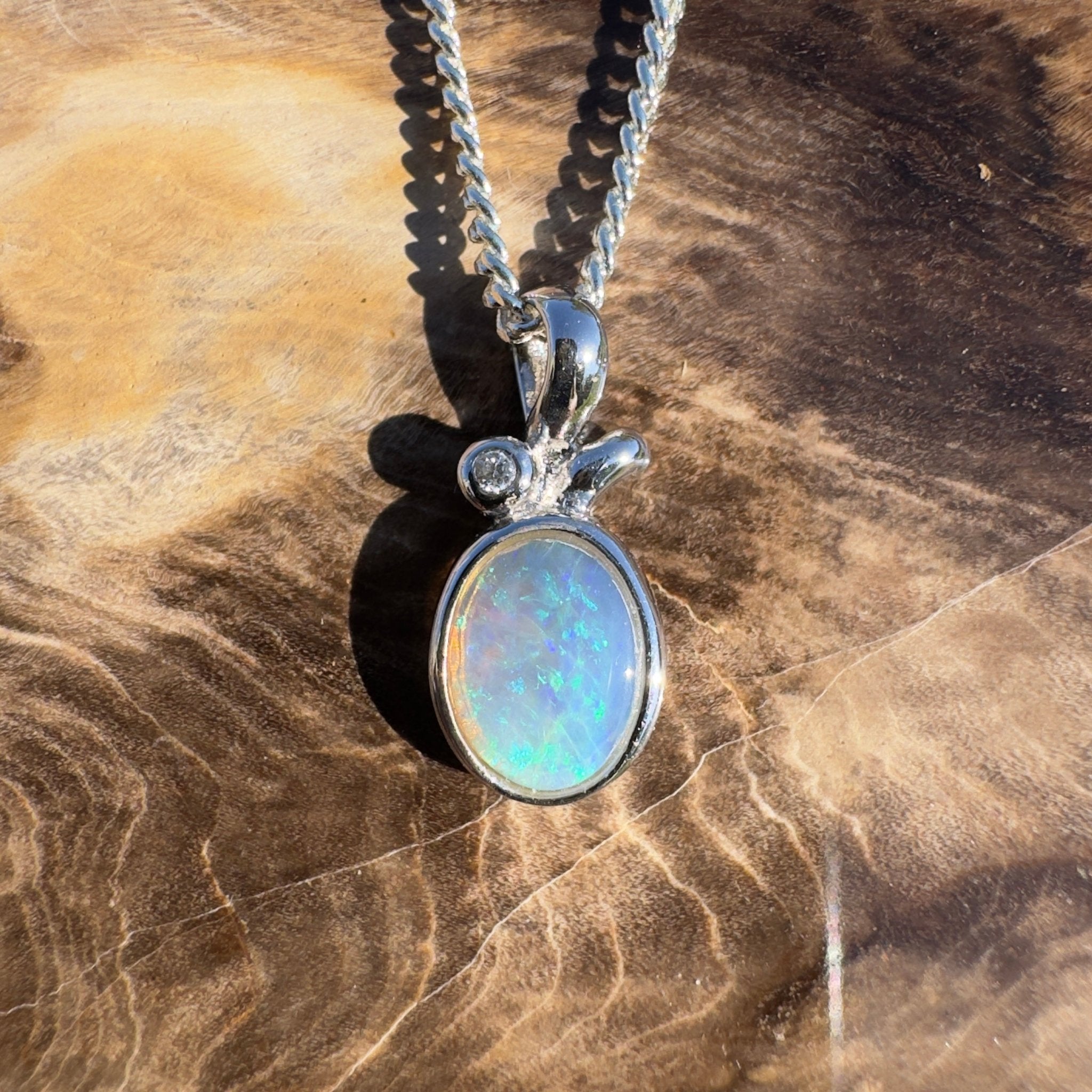 0.7ct Coober Pedy Crystal Opal Pendant Necklace ~ 'Bruny Blue' | 925 Sterling Silver | Solid Australian Opal