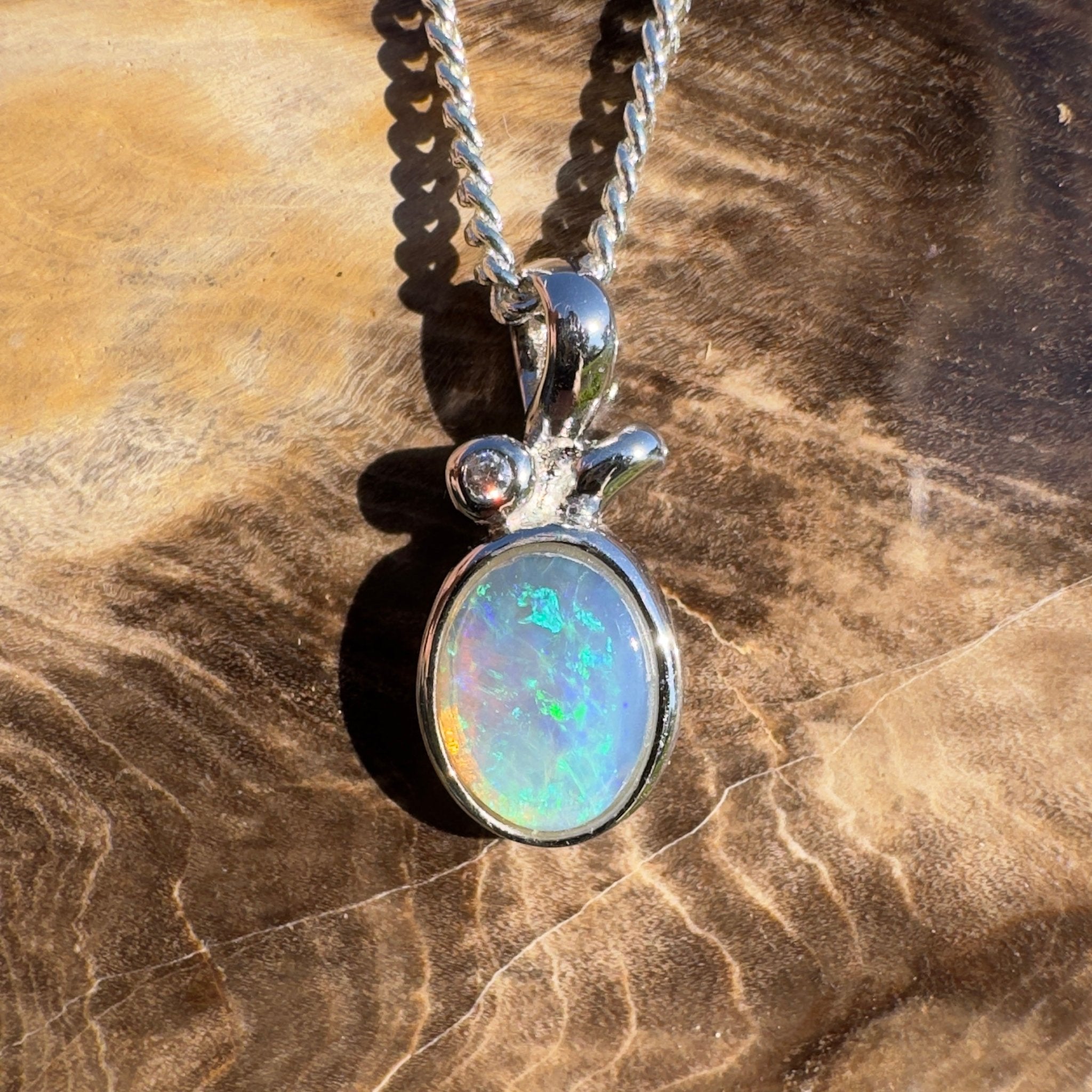 0.7ct Coober Pedy Crystal Opal Pendant Necklace ~ 'Bruny Blue' | 925 Sterling Silver | Solid Australian Opal