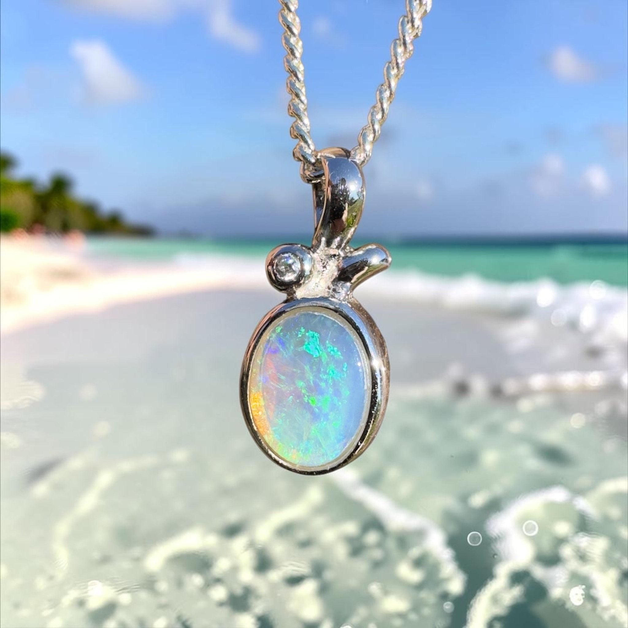 0.7ct Coober Pedy Crystal Opal Pendant Necklace ~ 'Bruny Blue' | 925 Sterling Silver | Solid Australian Opal