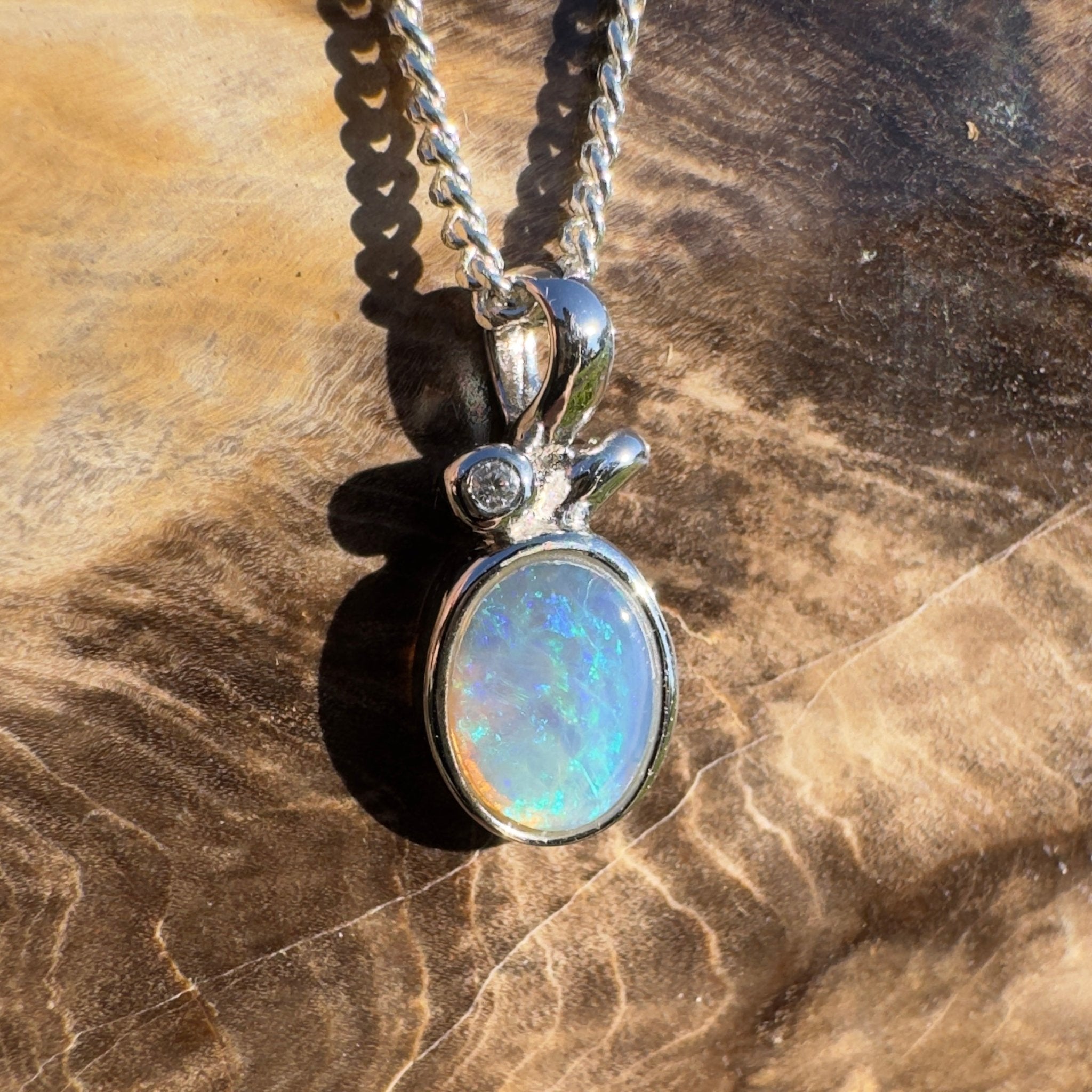 0.7ct Coober Pedy Crystal Opal Pendant Necklace ~ 'Bruny Blue' | 925 Sterling Silver | Solid Australian Opal