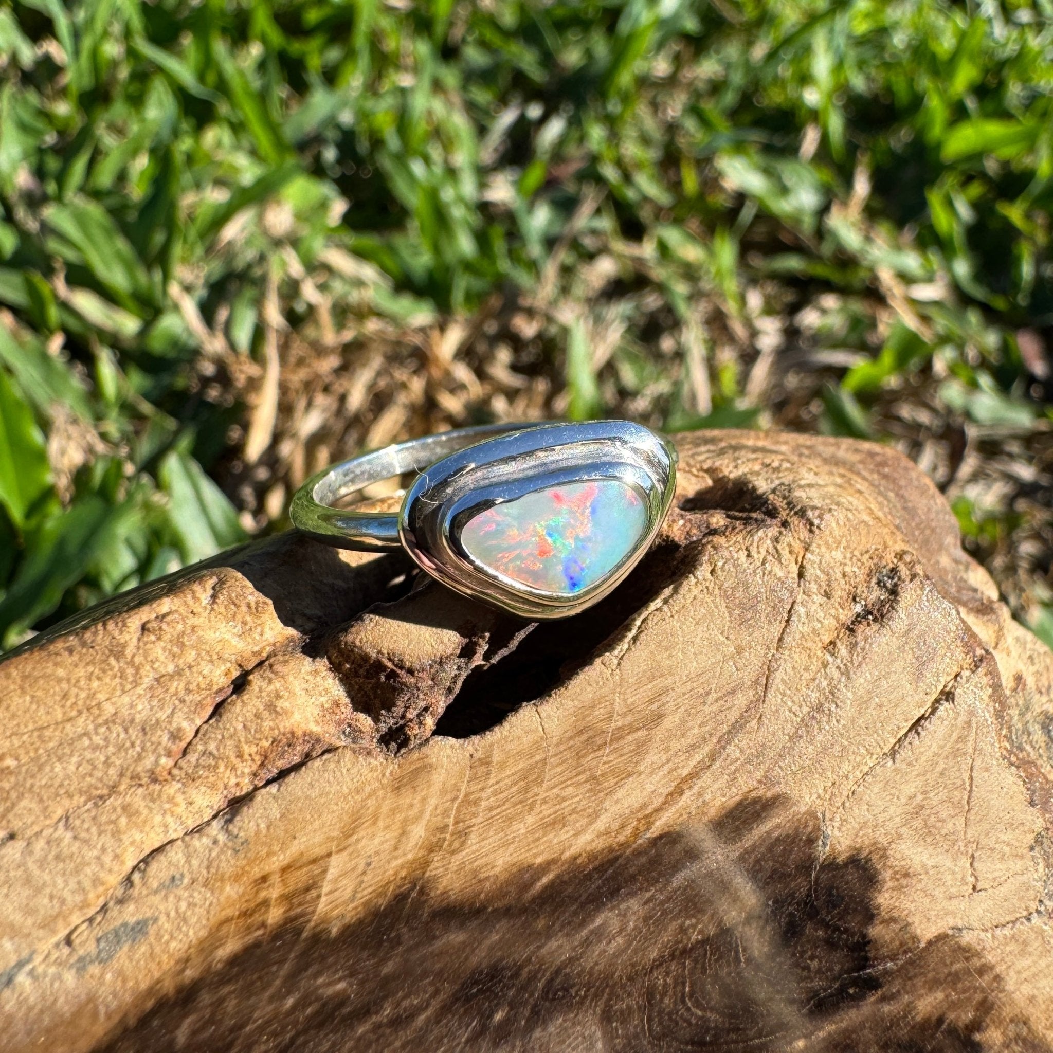 0.7ct Coober Pedy Opal Ring ~ 'Cape Byron Kaleidoscope' | 925 Sterling Silver | Solid Australian Opal