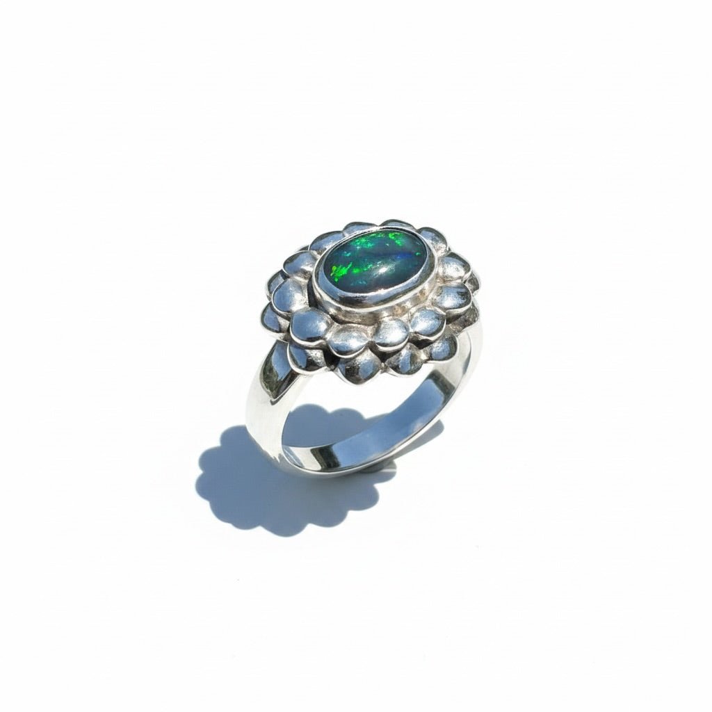 0.7ct Lightning Ridge Black Opal Ring ~ 'Silver Ember' | 925 Sterling Silver | Solid Australian Opal