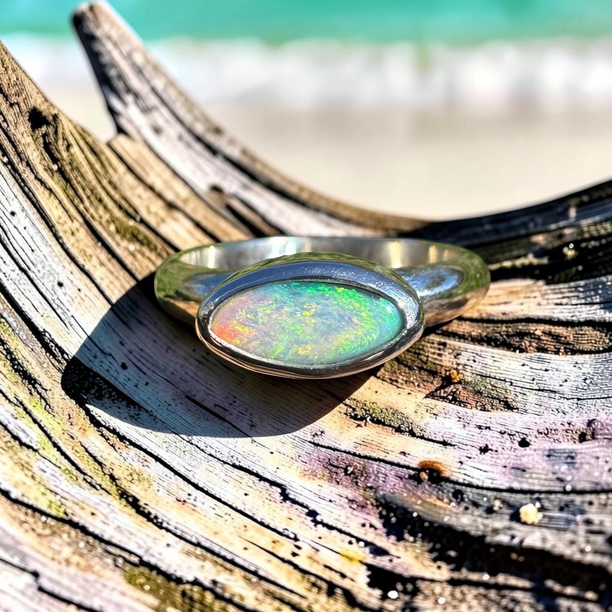 0.7ct Lightning Ridge Opal Ring ~ 'Noosa Heads Green' | 925 Sterling Silver | Solid Australian Opal