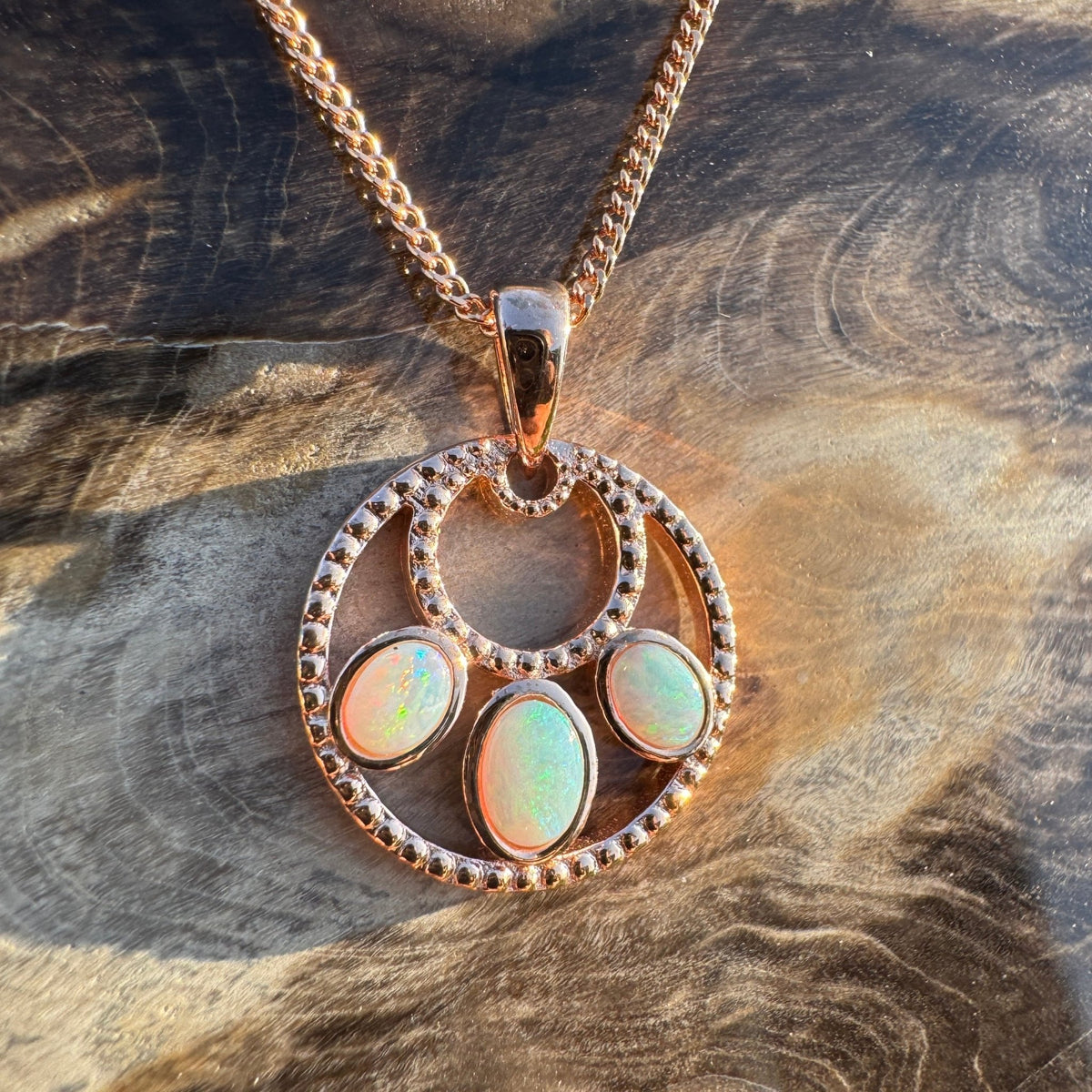 0.7ct Lightning Ridge Opal Trio Pendant Necklace ~ 'Remarkable Rocks Trio' | Rose Gold Coated 925 Sterling Silver | Solid Australian Opal