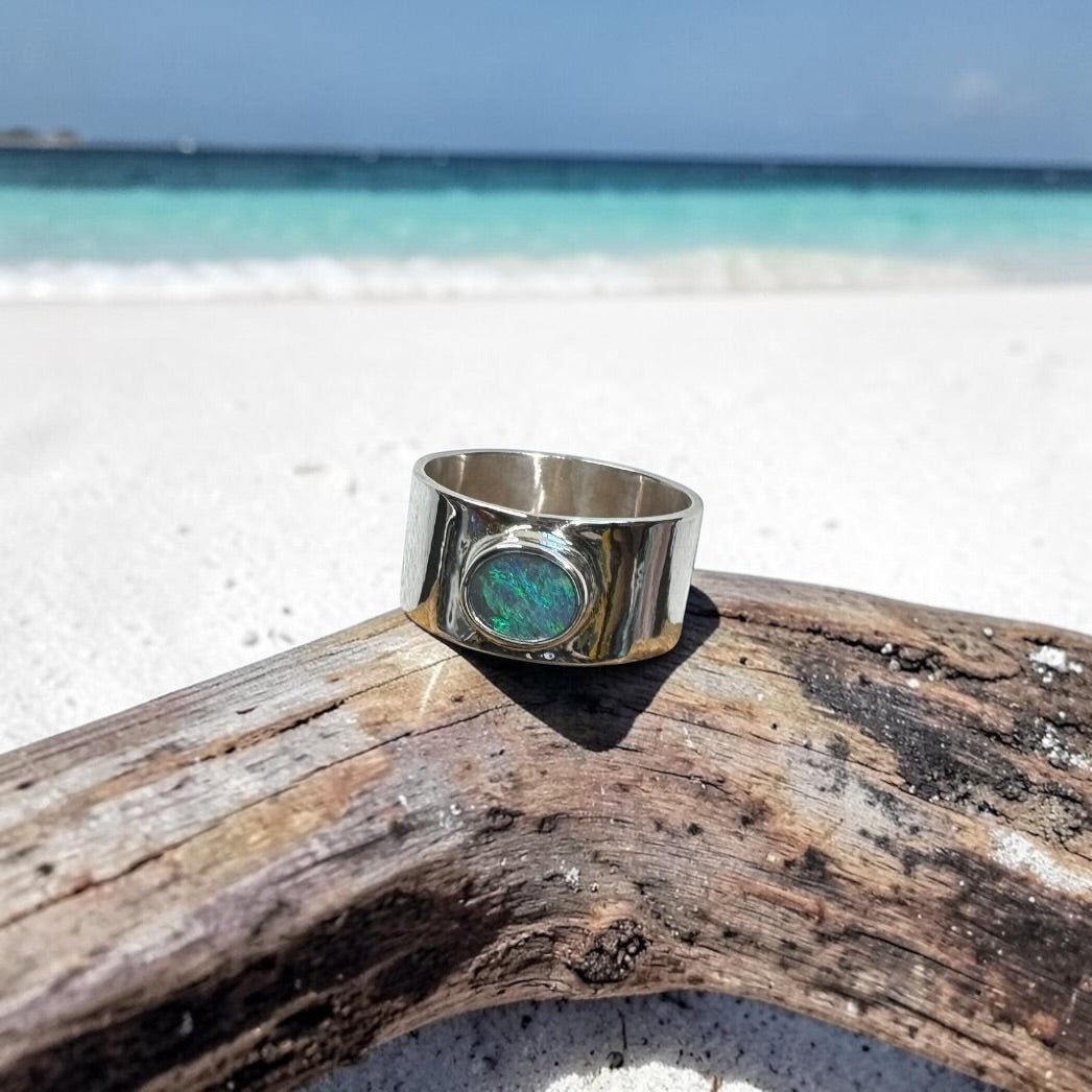 0.7ct Lightning Ridge Semi Black Opal Ring ~ 'Daintree Canopy' | 925 Sterling Silver | Solid Australian Opal