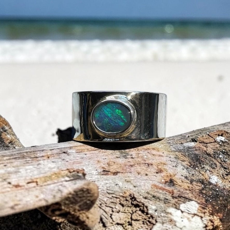 0.7ct Lightning Ridge Semi Black Opal Ring ~ 'Daintree Canopy' | 925 Sterling Silver | Solid Australian Opal