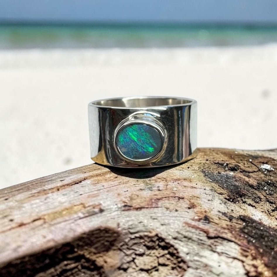 0.7ct Lightning Ridge Semi Black Opal Ring ~ 'Daintree Canopy' | 925 Sterling Silver | Solid Australian Opal