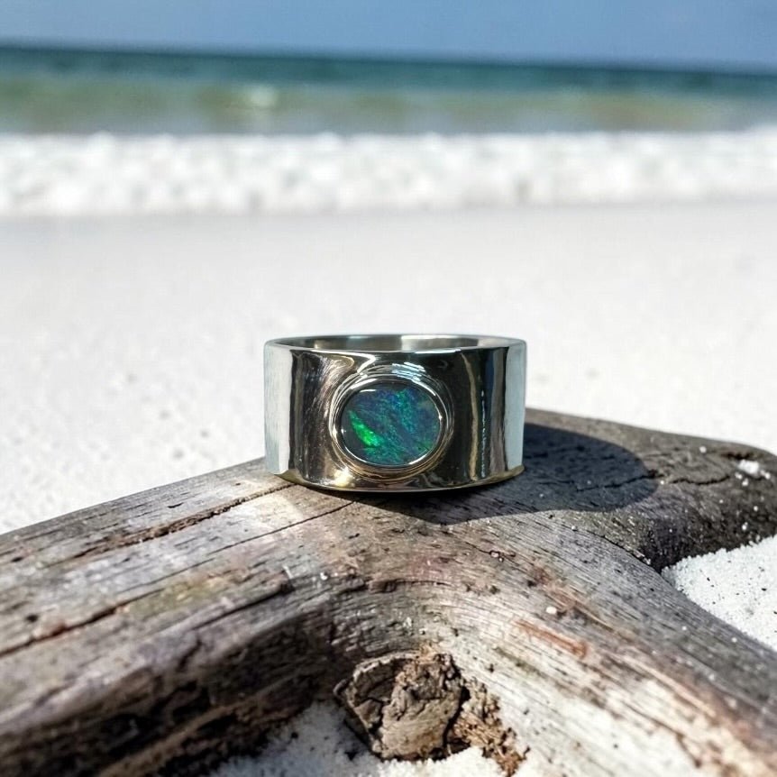 0.7ct Lightning Ridge Semi Black Opal Ring ~ 'Daintree Canopy' | 925 Sterling Silver | Solid Australian Opal