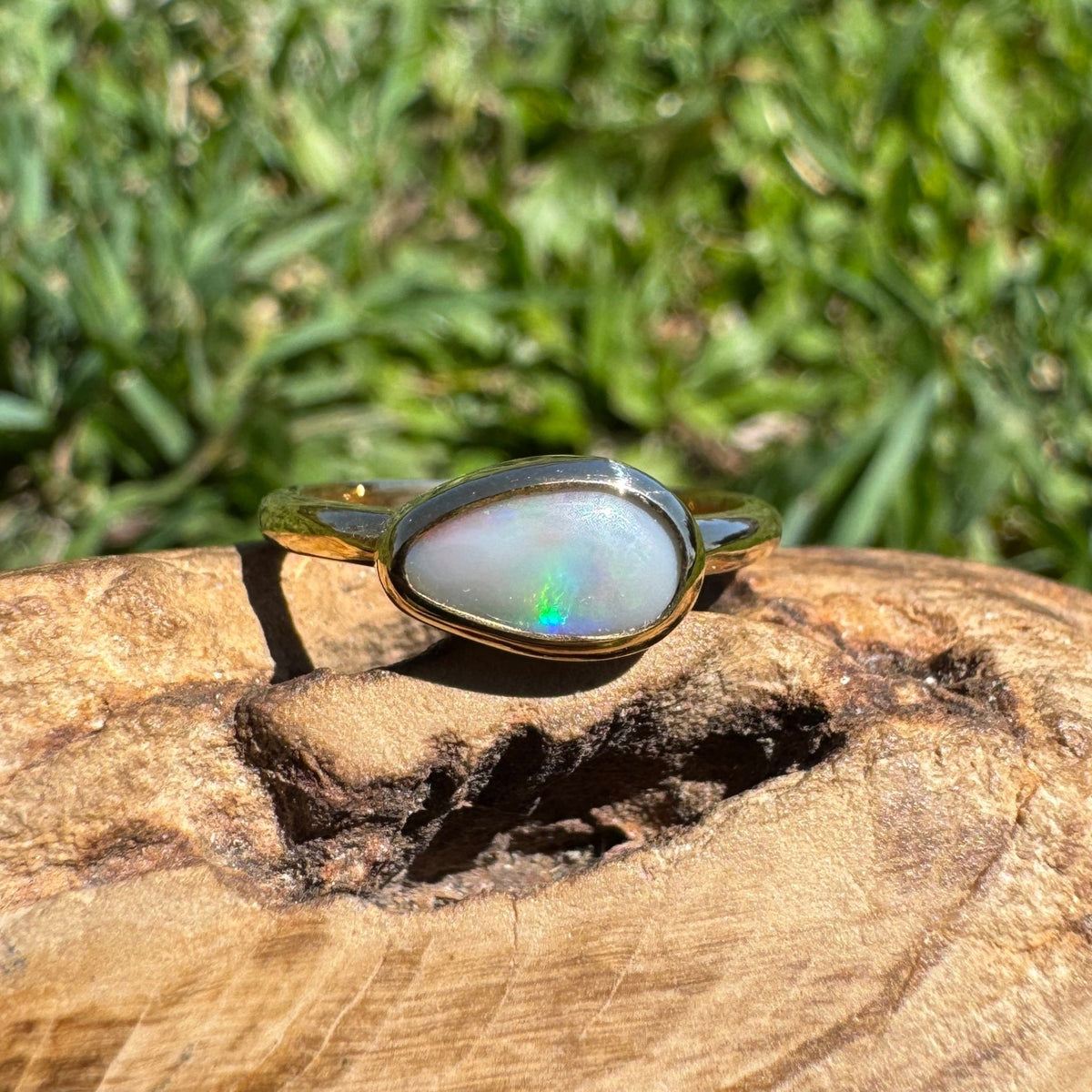 0.7ct Lightning Ridge Semi Black Opal Ring ~ 'Pambula Firelight' | 9ct Yellow Gold | Solid Australian Opal