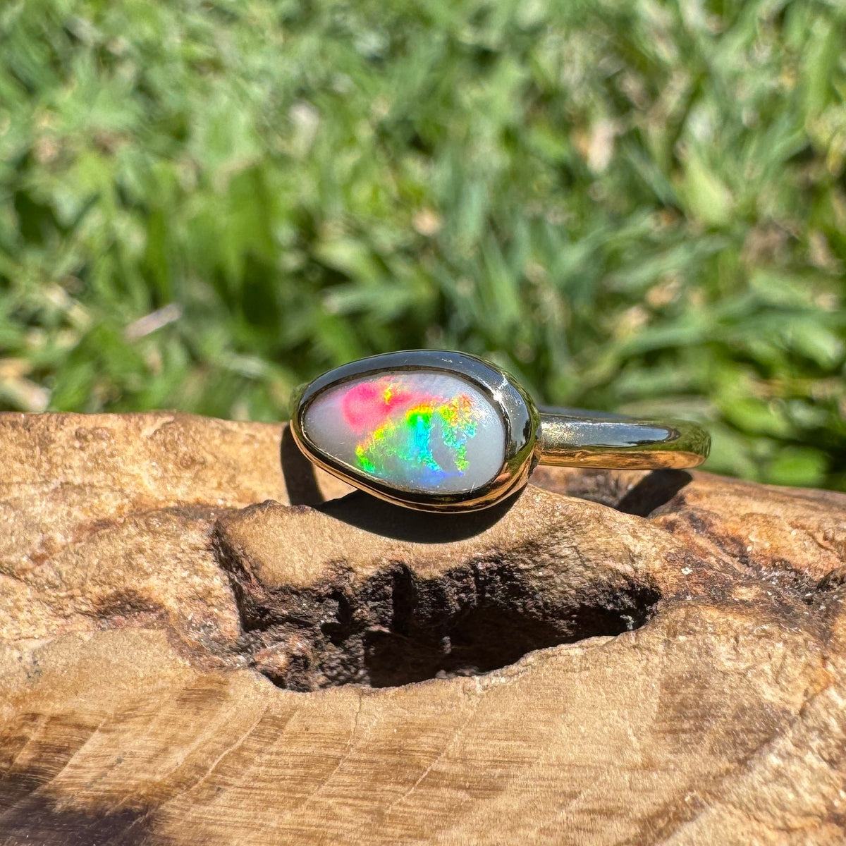 0.7ct Lightning Ridge Semi Black Opal Ring ~ 'Pambula Firelight' | 9ct Yellow Gold | Solid Australian Opal
