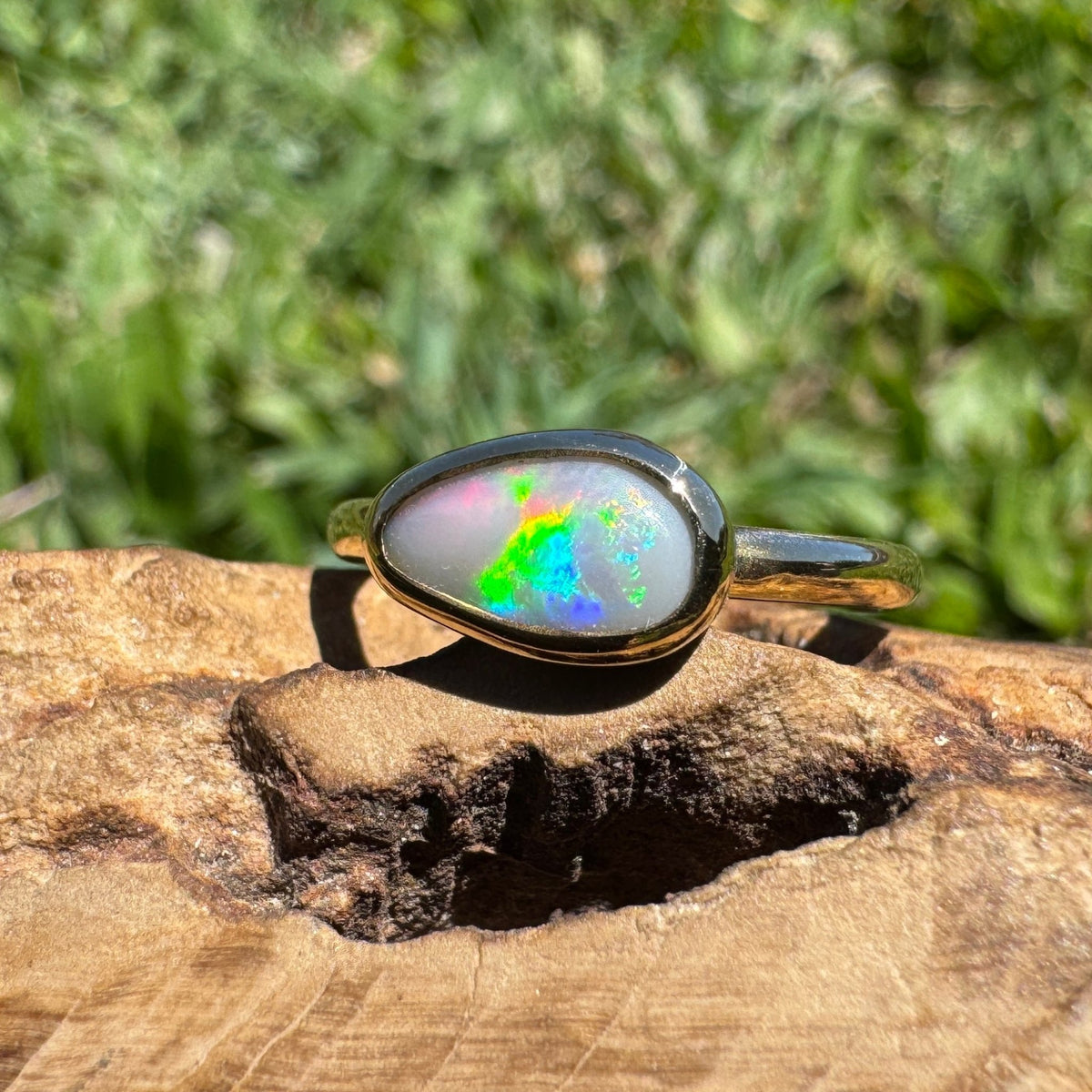 0.7ct Lightning Ridge Semi Black Opal Ring ~ 'Pambula Firelight' | 9ct Yellow Gold | Solid Australian Opal
