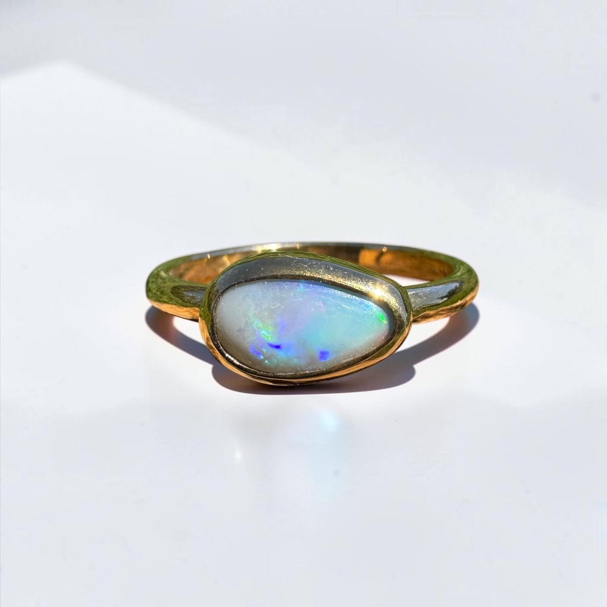 0.7ct Lightning Ridge Semi Black Opal Ring ~ 'Pambula Firelight' | 9ct Yellow Gold | Solid Australian Opal