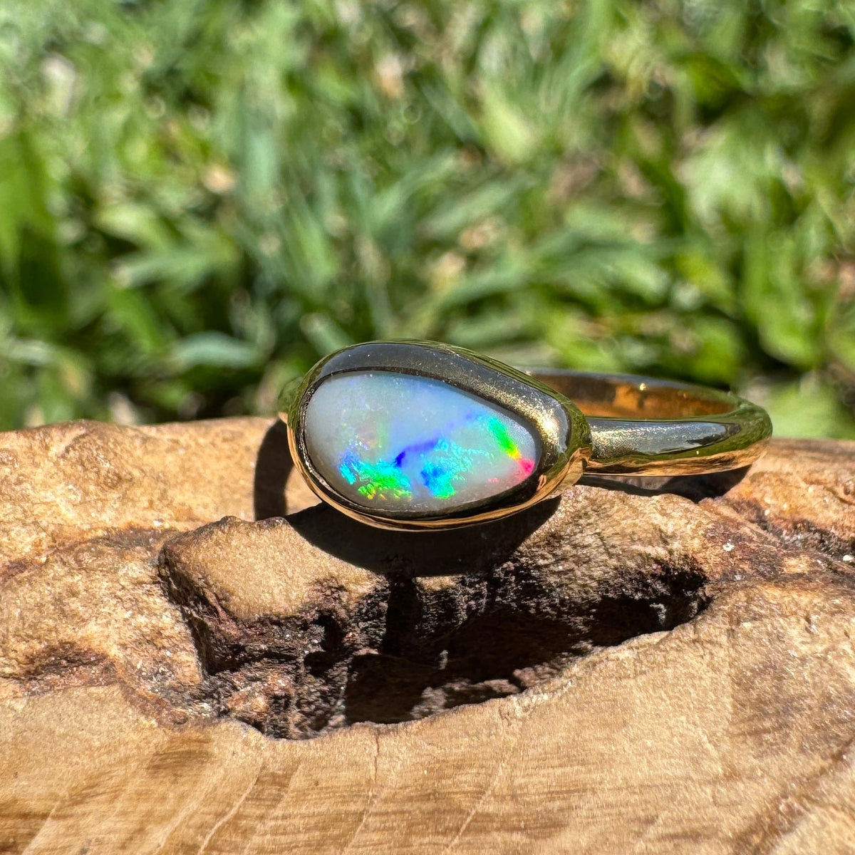 0.7ct Lightning Ridge Semi Black Opal Ring ~ 'Pambula Firelight' | 9ct Yellow Gold | Solid Australian Opal
