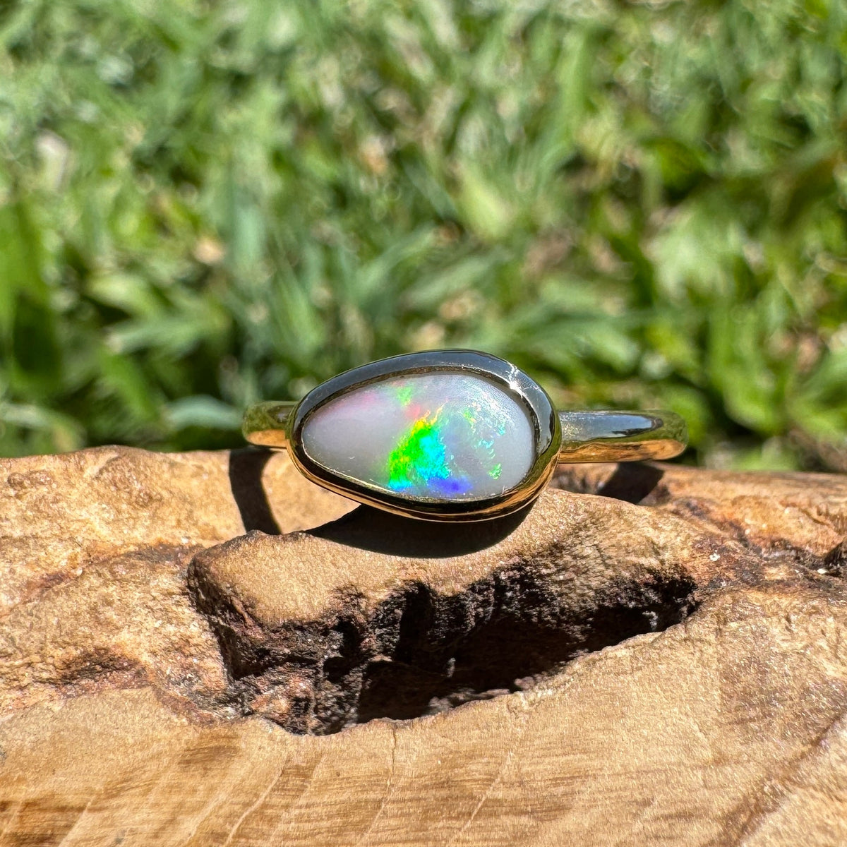 0.7ct Lightning Ridge Semi Black Opal Ring ~ 'Pambula Firelight' | 9ct Yellow Gold | Solid Australian Opal