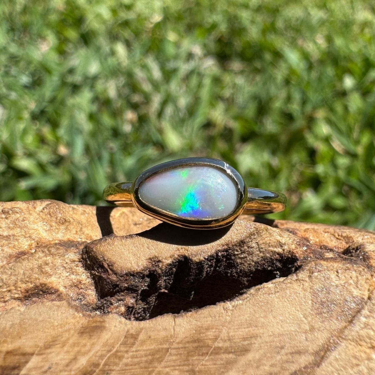 0.7ct Lightning Ridge Semi Black Opal Ring ~ 'Pambula Firelight' | 9ct Yellow Gold | Solid Australian Opal