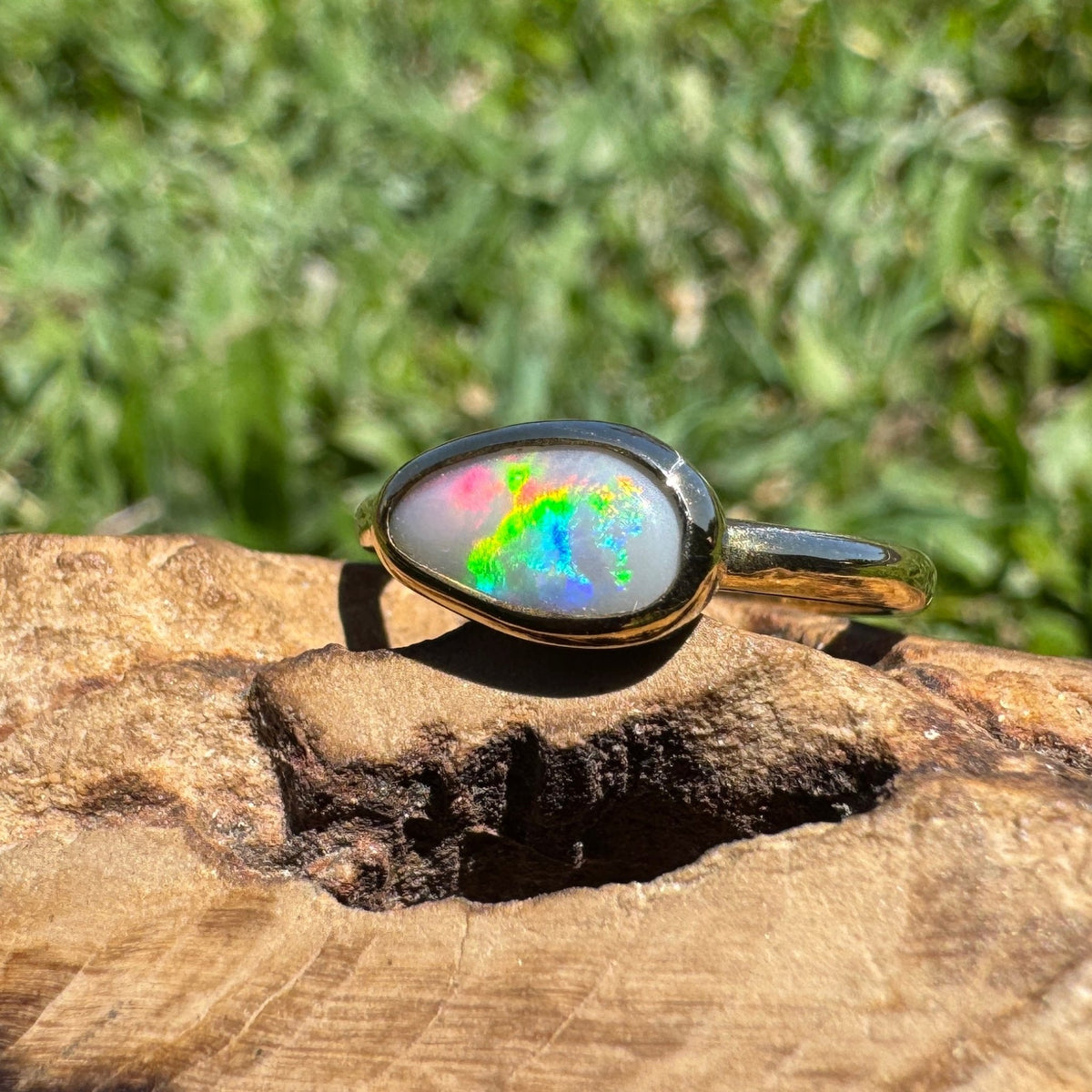 0.7ct Lightning Ridge Semi Black Opal Ring ~ 'Pambula Firelight' | 9ct Yellow Gold | Solid Australian Opal