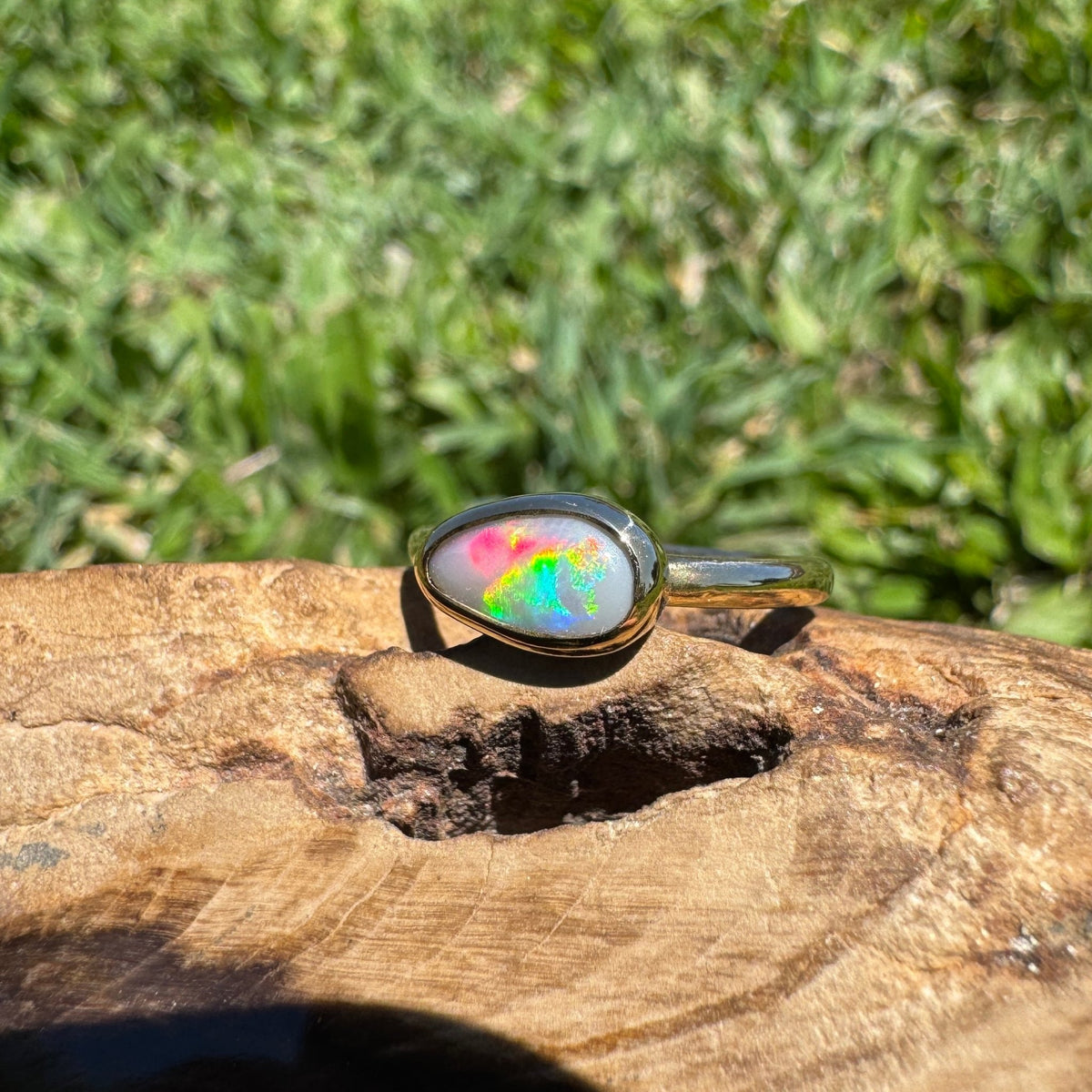 0.7ct Lightning Ridge Semi Black Opal Ring ~ 'Pambula Firelight' | 9ct Yellow Gold | Solid Australian Opal