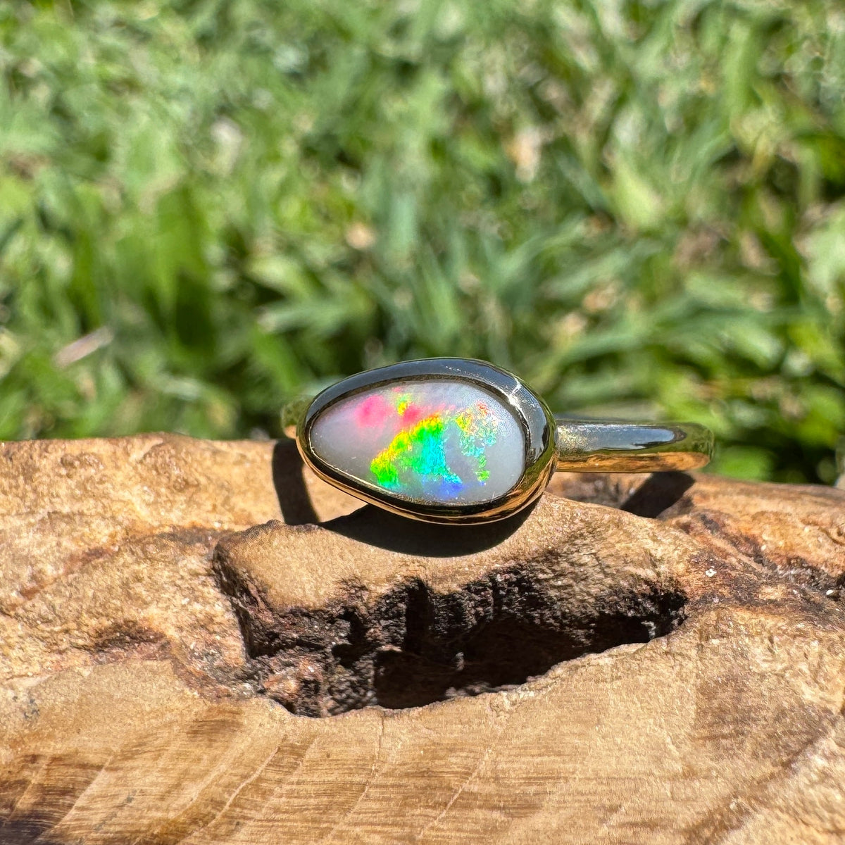 0.7ct Lightning Ridge Semi Black Opal Ring ~ 'Pambula Firelight' | 9ct Yellow Gold | Solid Australian Opal