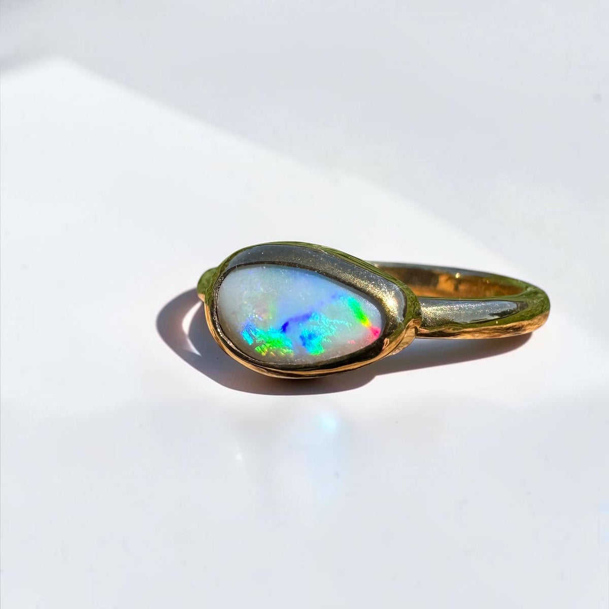 0.7ct Lightning Ridge Semi Black Opal Ring ~ 'Pambula Firelight' | 9ct Yellow Gold | Solid Australian Opal