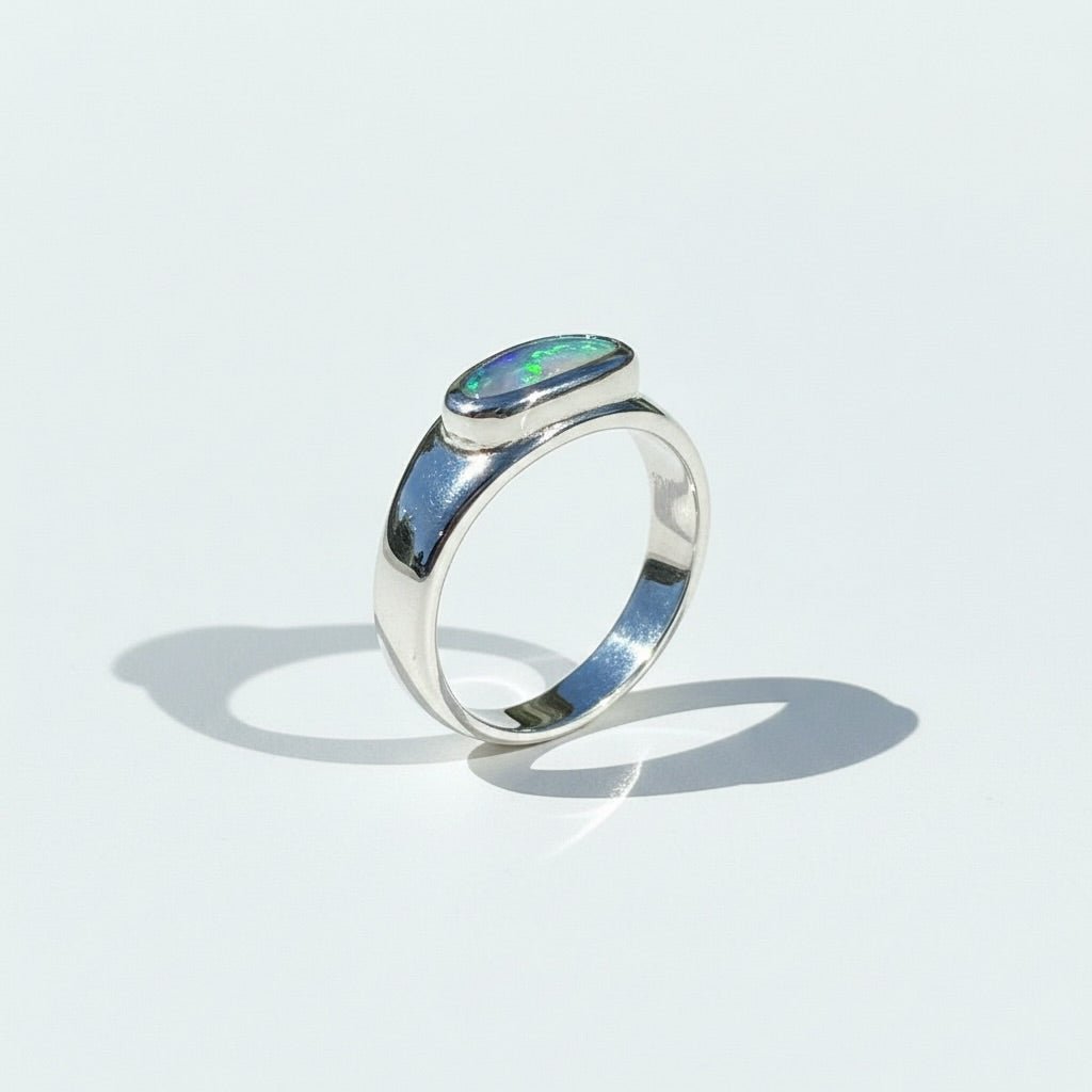 0.83ct Australian Solid Lightning Ridge Opal Silver Ring ~ 'Whitehaven Whisper' | 925 Sterling Silver | Solid Australian Opal