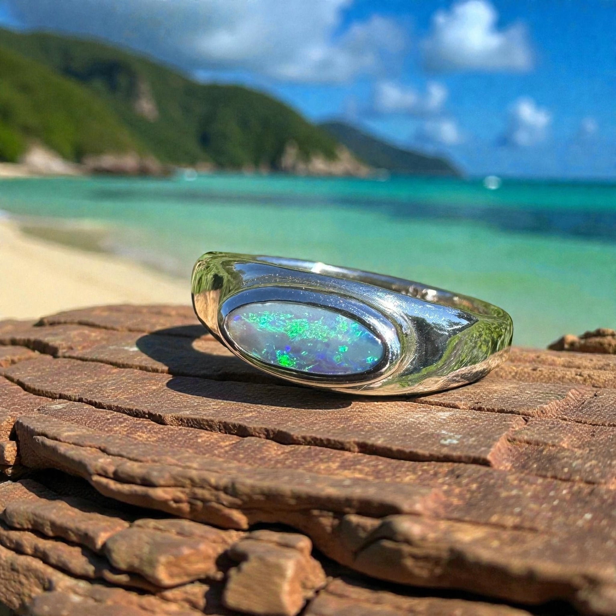 0.83ct Australian Solid Lightning Ridge Opal Silver Ring ~ 'Whitehaven Whisper' | 925 Sterling Silver | Solid Australian Opal