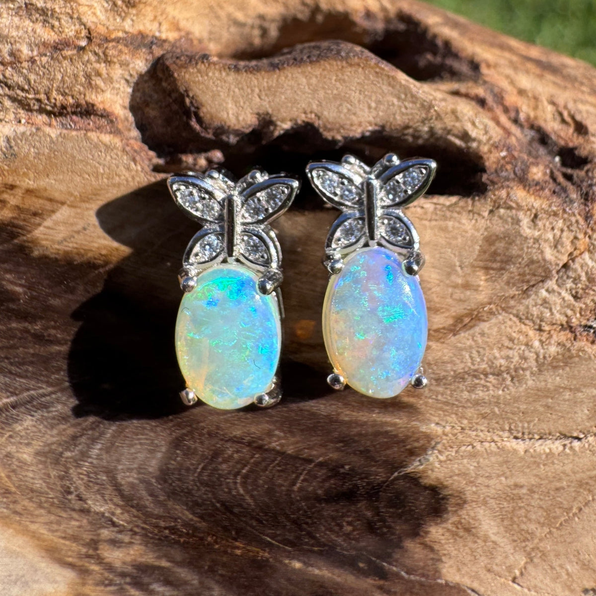 0.8ct Coober Pedy Crystal Opal & Cubic Zirconia Stud Earrings ~ 'Cape Schanck Blues' | 925 Sterling Silver | Solid Australian Opal