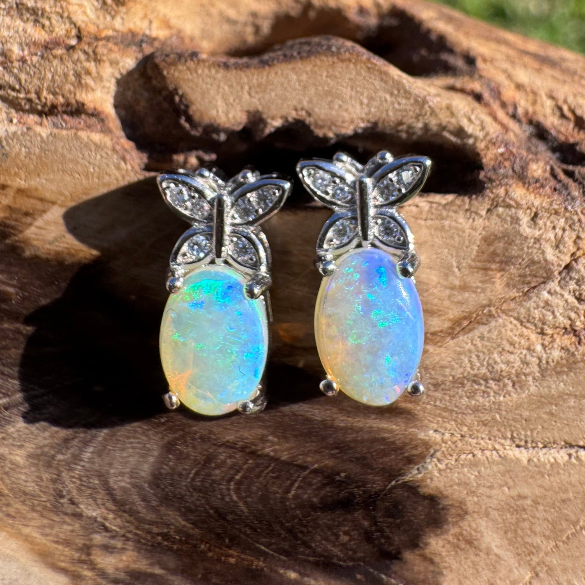 0.8ct Coober Pedy Crystal Opal & Cubic Zirconia Stud Earrings ~ 'Cape Schanck Blues' | 925 Sterling Silver | Solid Australian Opal