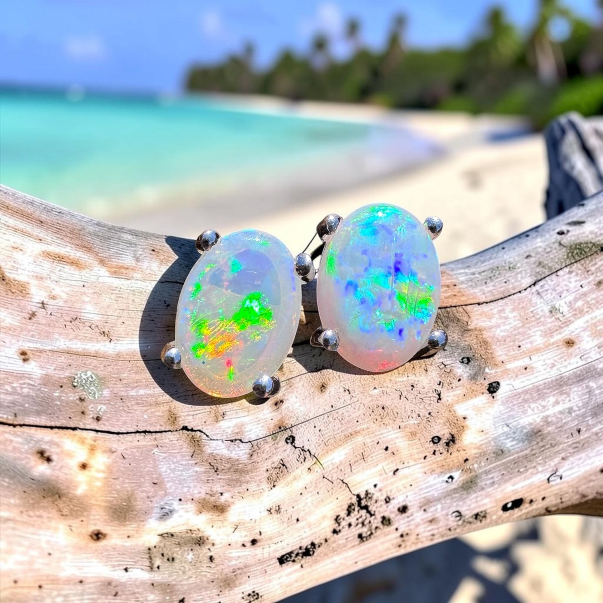 0.8ct Coober Pedy Crystal Opal Stud Earrings ~ 'Wave Rock Fire' | 925 Sterling Silver | Solid Australian Opal