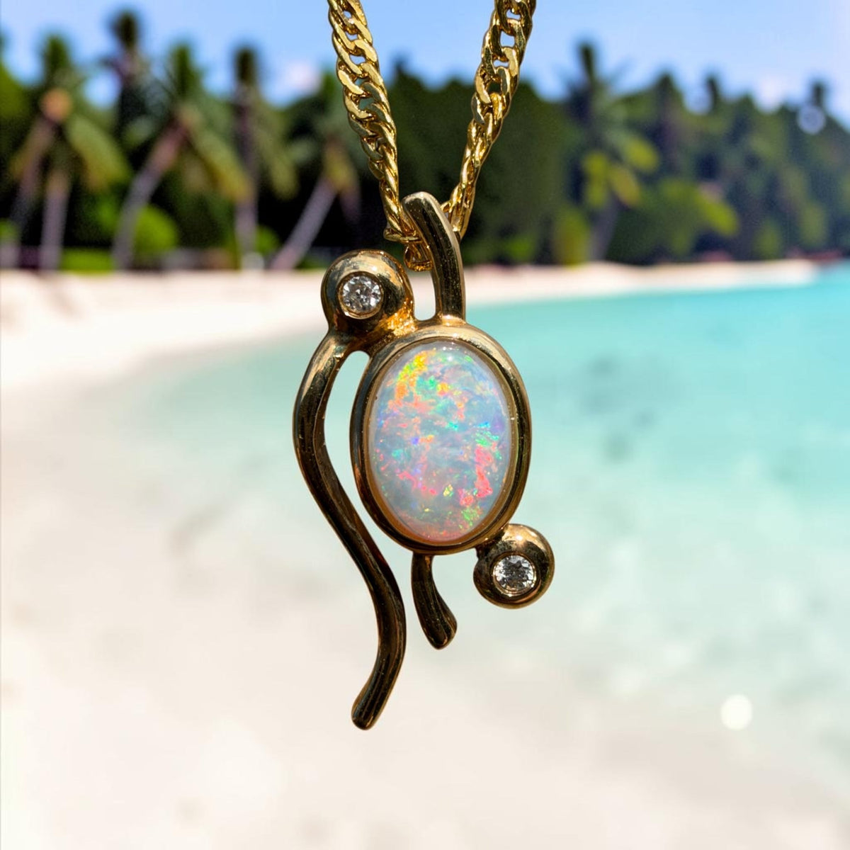 0.8ct Coober Pedy Opal & Diamond Pendant Necklace ~ 'Lady Elliot Rainbow' | 14ct Yellow Gold | Solid Australian Opal