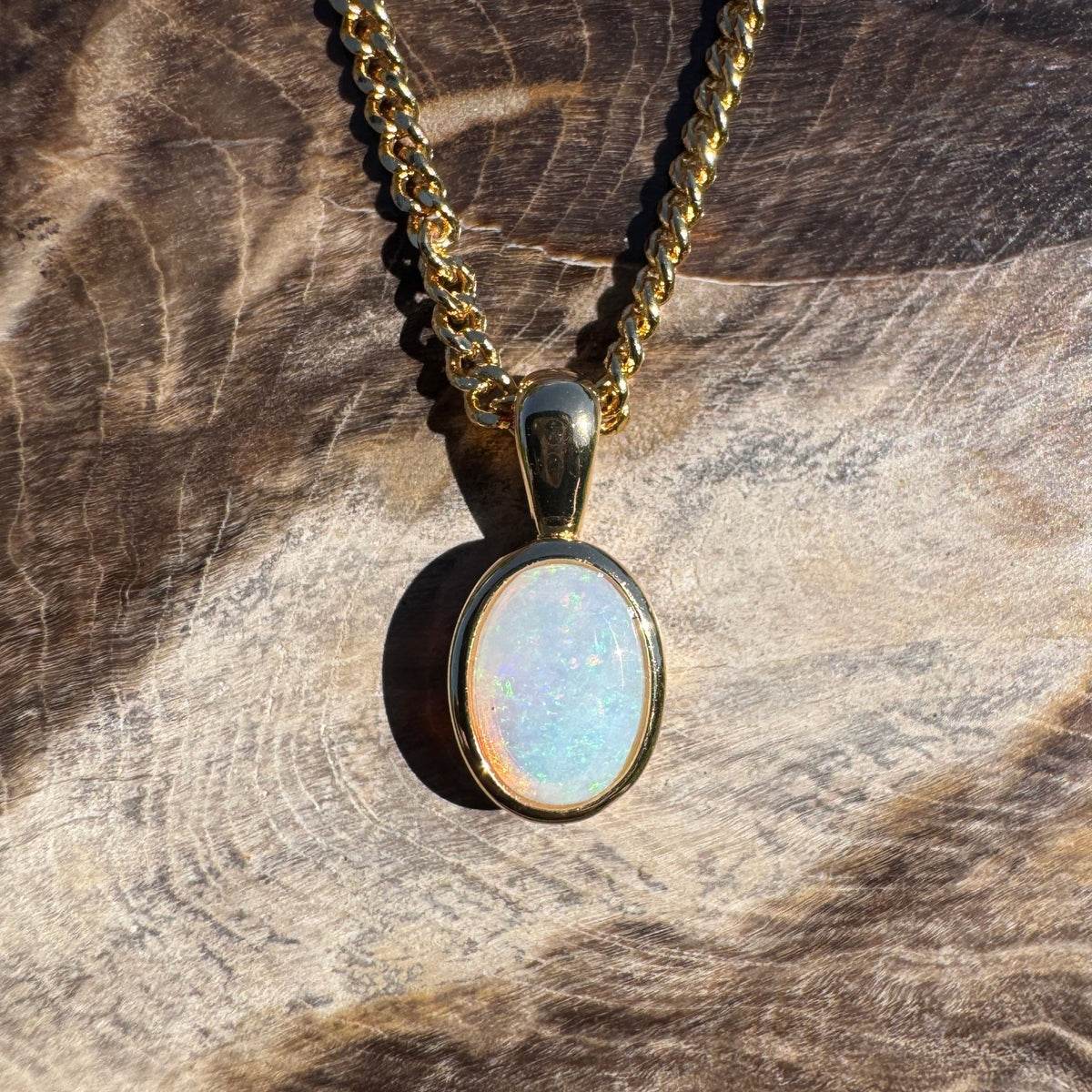 0.8ct Coober Pedy Opal Pendant Necklace ~ 'Point Lookout Glow' | Yellow Gold Coated 925 Sterling Silver | Solid Australian Opal