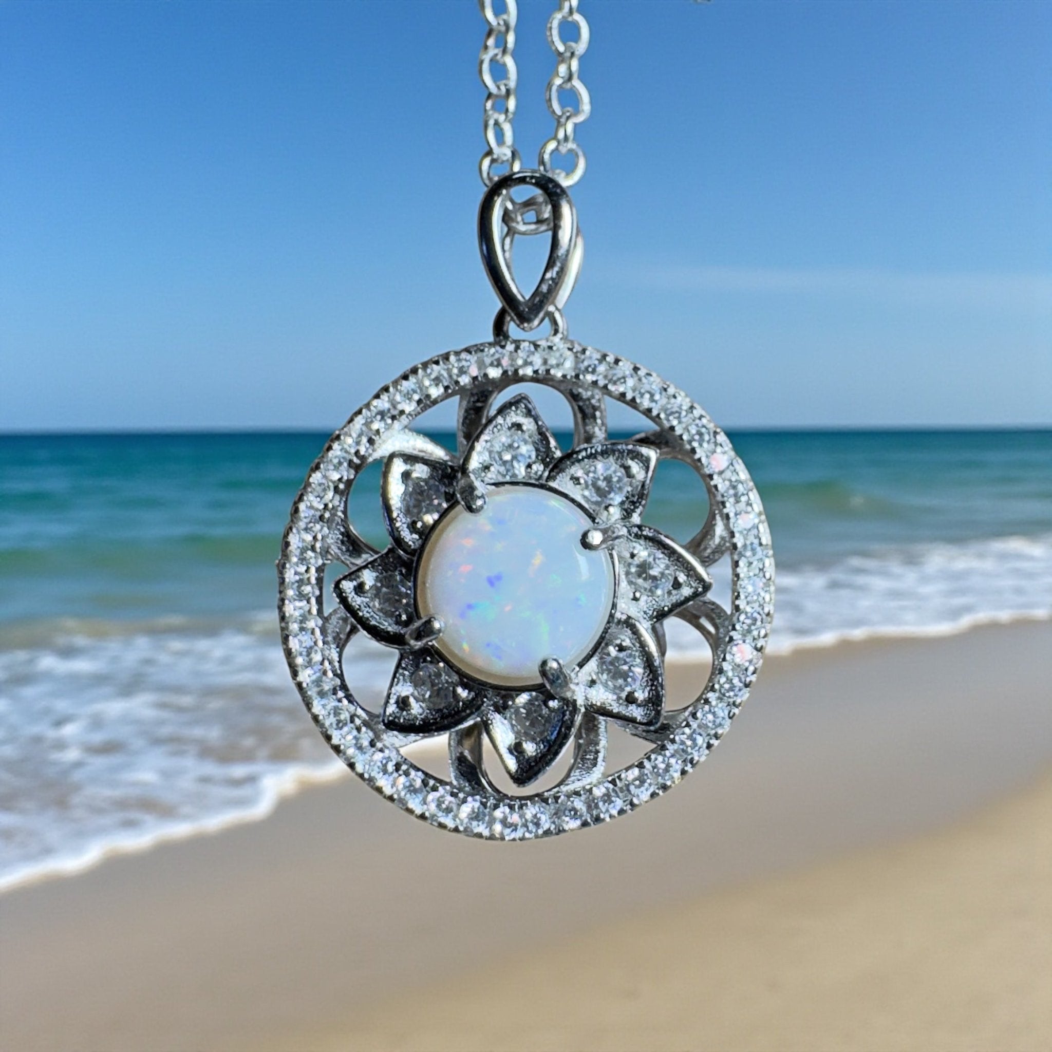 0.8ct Coober Pedy Opal Pendant Necklace ~ 'Whitsunday Reef Halo' | 925 Sterling Silver | Solid Australian Opal