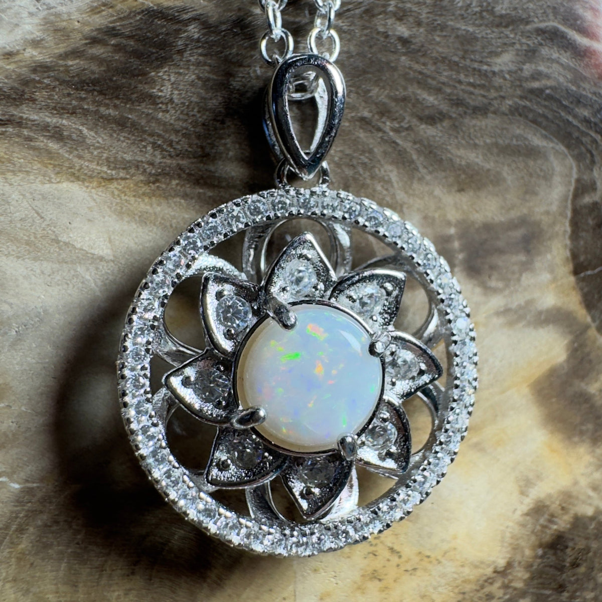 0.8ct Coober Pedy Opal Pendant Necklace ~ 'Whitsunday Reef Halo' | 925 Sterling Silver | Solid Australian Opal