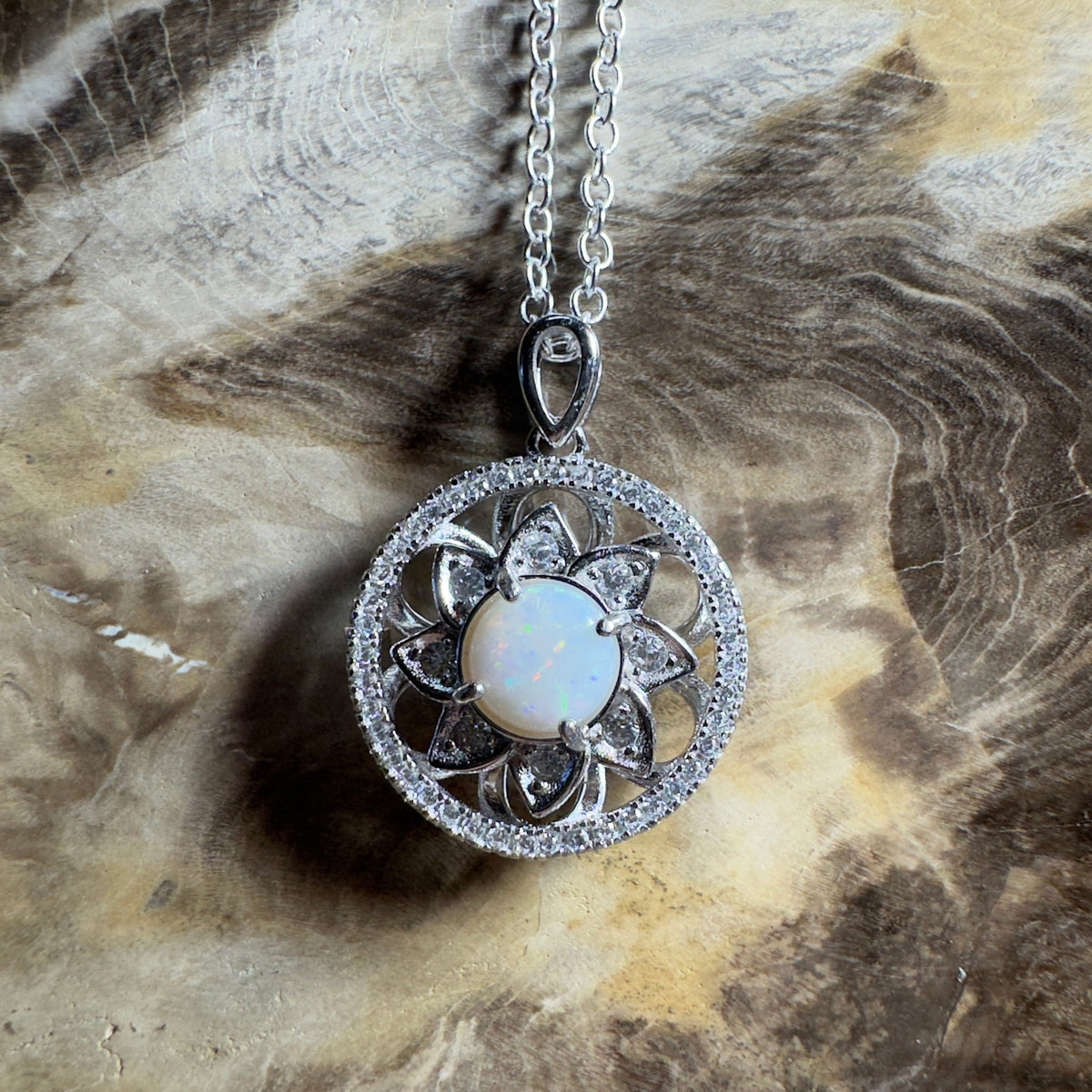 0.8ct Coober Pedy Opal Pendant Necklace ~ 'Whitsunday Reef Halo' | 925 Sterling Silver | Solid Australian Opal