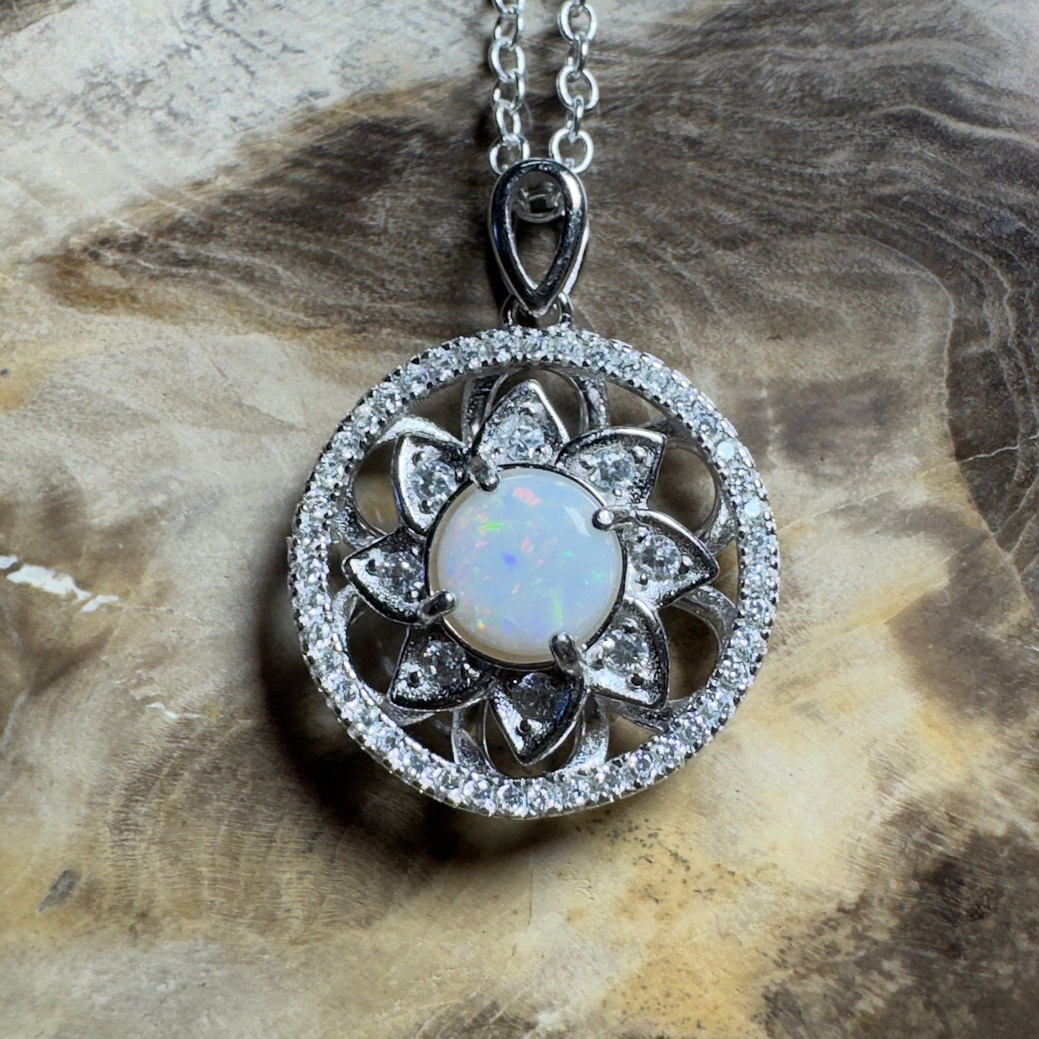 0.8ct Coober Pedy Opal Pendant Necklace ~ 'Whitsunday Reef Halo' | 925 Sterling Silver | Solid Australian Opal