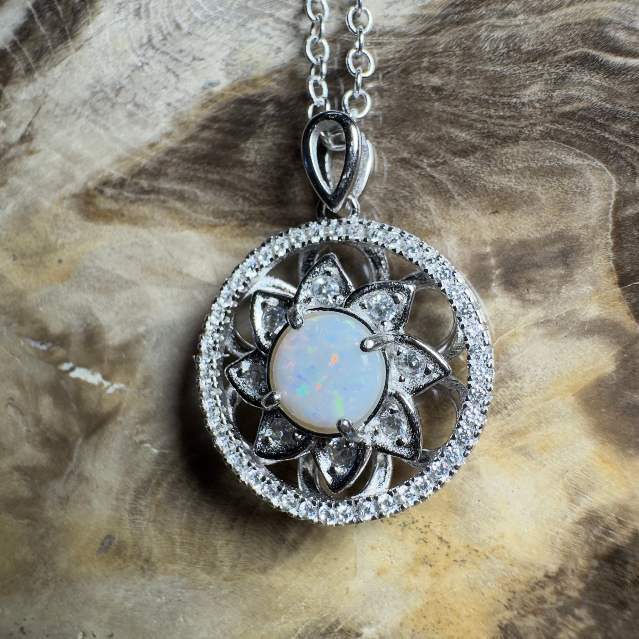0.8ct Coober Pedy Opal Pendant Necklace ~ 'Whitsunday Reef Halo' | 925 Sterling Silver | Solid Australian Opal