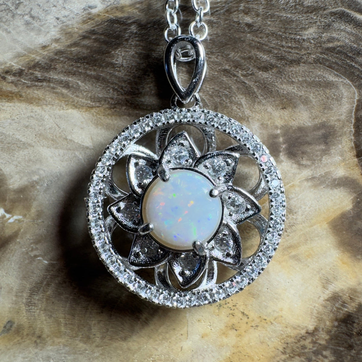 0.8ct Coober Pedy Opal Pendant Necklace ~ 'Whitsunday Reef Halo' | 925 Sterling Silver | Solid Australian Opal