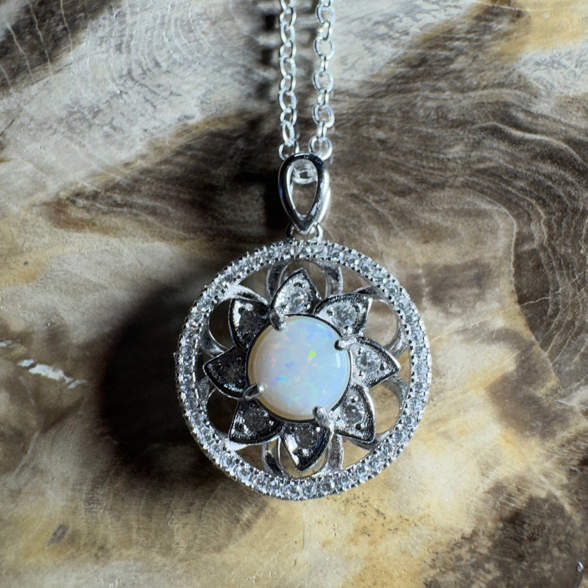 0.8ct Coober Pedy Opal Pendant Necklace ~ 'Whitsunday Reef Halo' | 925 Sterling Silver | Solid Australian Opal