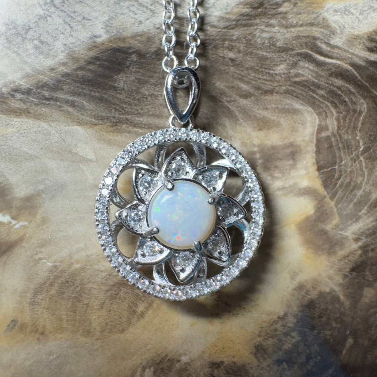 0.8ct Coober Pedy Opal Pendant Necklace ~ 'Whitsunday Reef Halo' | 925 Sterling Silver | Solid Australian Opal