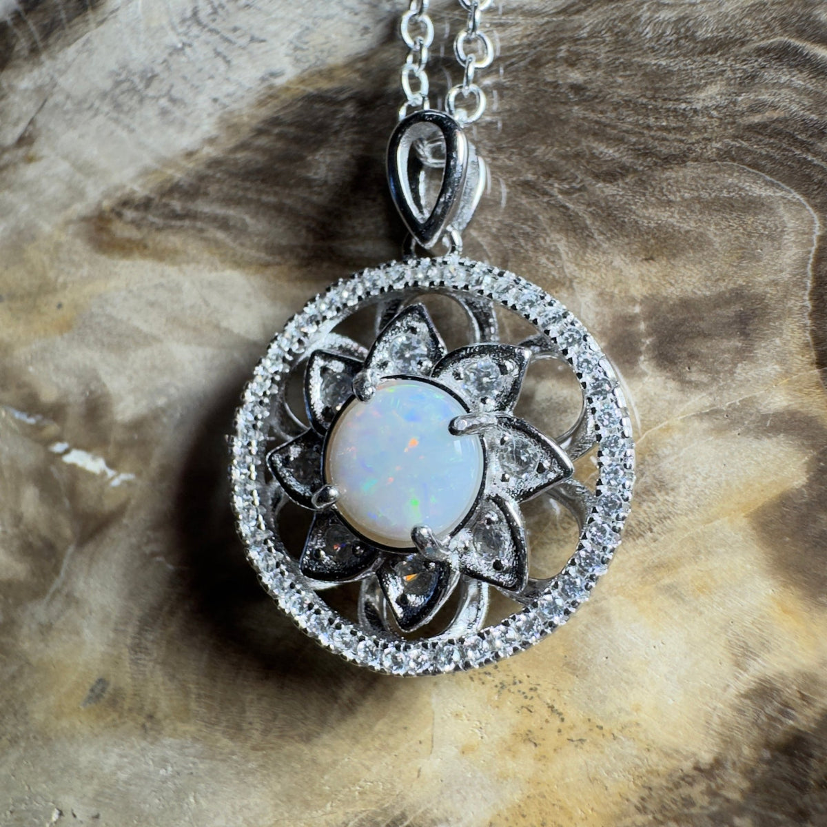 0.8ct Coober Pedy Opal Pendant Necklace ~ 'Whitsunday Reef Halo' | 925 Sterling Silver | Solid Australian Opal