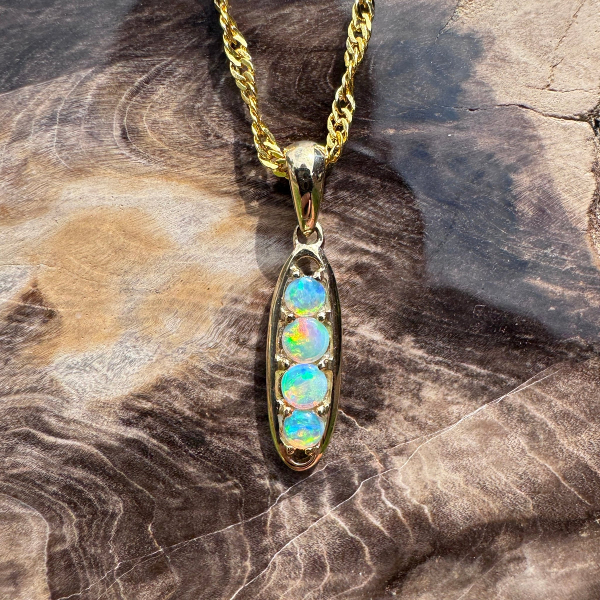 0.8ct Lightning Ridge Opal Bar Pendant Necklace ~ 'Kangaroo Valley Colour' | 14ct Yellow Gold | Solid Australian Opal