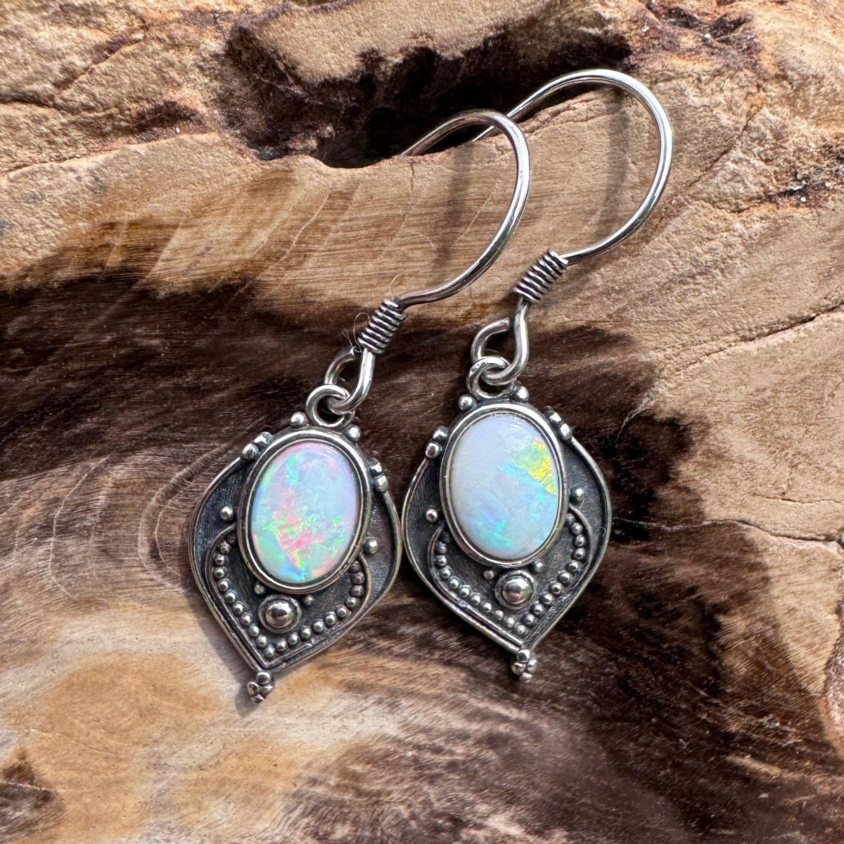 0.9ct Coober Pedy Opal Hook Earrings ~ 'Mount Gambier Fire' | 925 Sterling Silver | Solid Australian Opal