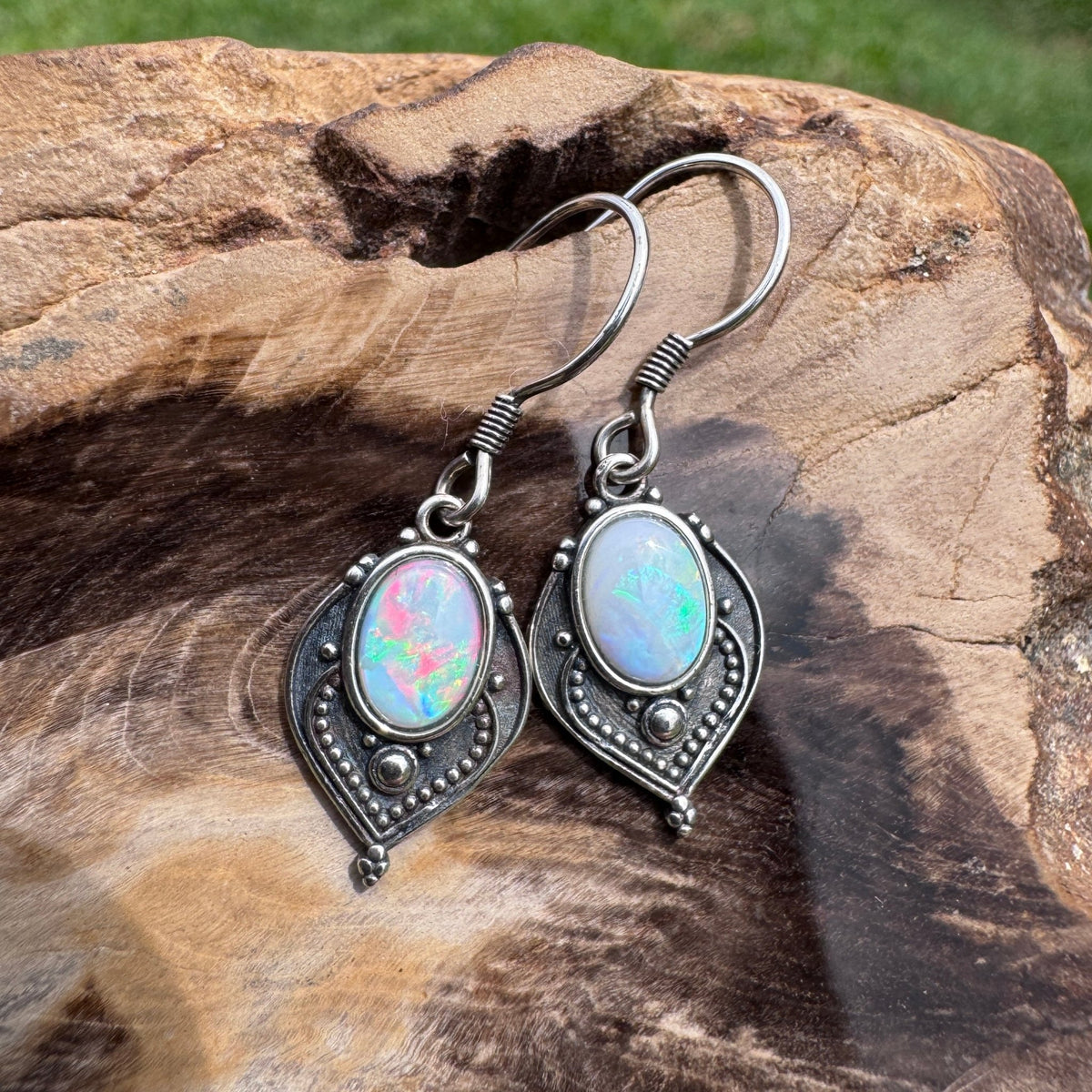 0.9ct Coober Pedy Opal Hook Earrings ~ 'Mount Gambier Fire' | 925 Sterling Silver | Solid Australian Opal
